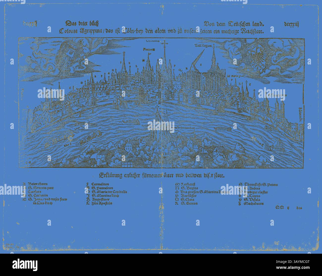 Eine komplizierte Karte, die ein fantastisches Stadtbild mit hohen Türmen, detaillierten Gebäuden und einem geschäftigen Hafen darstellt, alles umgeben von Wasser. Verschiedene Schlüsselpunkte sind gekennzeichnet, die Einblicke in das Stadtbild und die bemerkenswerten Strukturen der Stadt geben. Die Illustration fängt ein Gefühl der Pracht und Fantasie des urbanen Designs ein. Ansicht des Kölner (Recto) Mann gehängt von einem Baum (verso), zwei Blätter DCCXXI-DCCXXIIII aus Kosmographie von S. Münster, Platte 45 aus Holzschnitten aus Büchern des 16. Jahrhunderts, 1564, zusammengesetzt zu Portfolio 1937, Hans Rudolf Manuel Deutsch (Schweizer, 1525-1572), zusammengesetzt von Max Stockfoto
