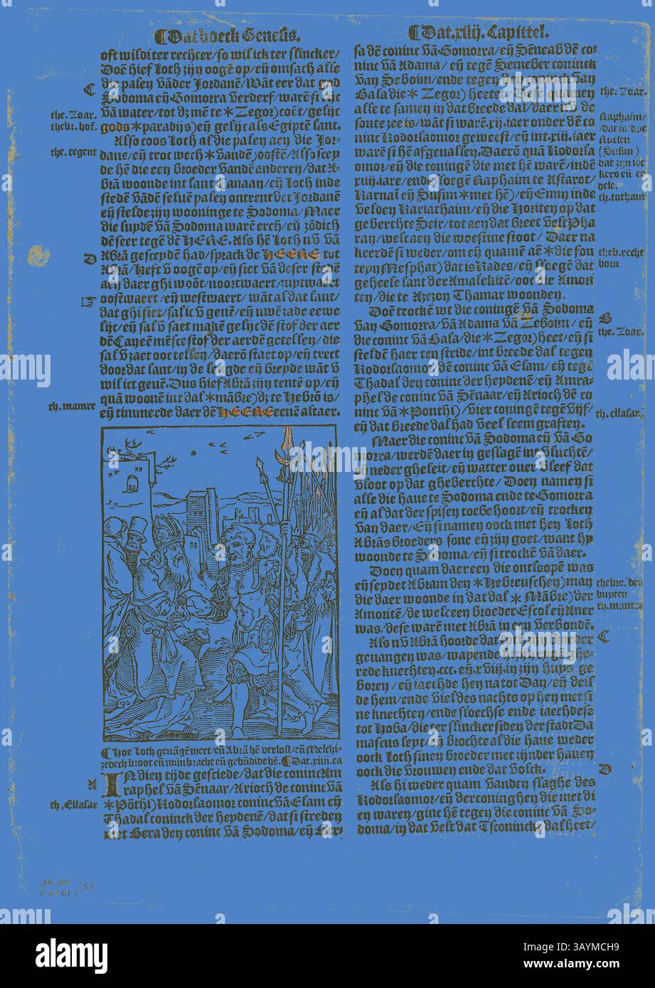 Ein historischer Text mit komplizierten Illustrationen und detaillierten Beschreibungen, der eine Szene darstellt, die wahrscheinlich aus einer biblischen oder mittelalterlichen Erzählung stammt, mit prominenten Charakteren, die an einem bedeutenden Ereignis beteiligt sind. Das Layout umfasst dekorative Ränder und stilisierte Schriften, die die Kunst und Typografie dieser Zeit widerspiegeln. Illustration aus die Bibel (Vorsterman), Platte 57 aus Holzschnitten aus Büchern des XVI Jahrhunderts, 1528, zusammengefügt zu Portfolio 1937, Jan Swart (Niederländisch, um 1500-c.1560), zusammengesetzt von Max Geisberg (Schweiz, 1875-1943), Niederlande, handkolorierter Holzschnitt auf Papier, 109 x 81 mm (Bild) Stockfoto