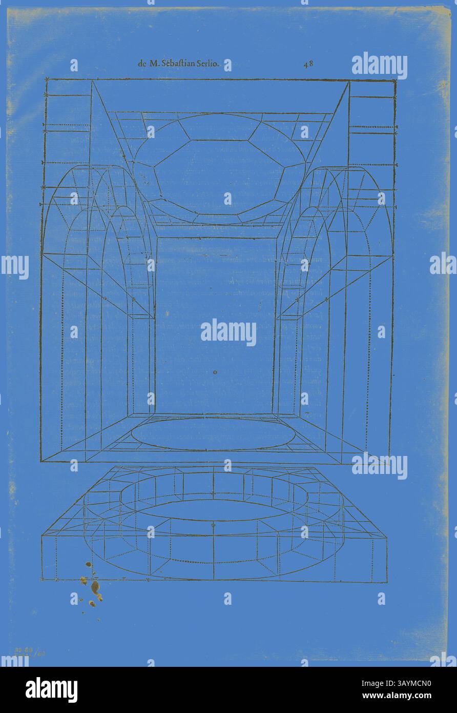 Ein geometrisches architektonisches Design, das eine Reihe miteinander verbundener Bögen und Räume präsentiert und Tiefe und Perspektive durch präzise lineare Details betont. Der Hintergrund zeigt einen leuchtenden blauen Farbton, der sich von den komplizierten Konturen der Konstruktion abhebt. Architekturzeichnung aus Le livre d’ Architecture, Platte 68 aus Holzschnitten aus Büchern des 16. Jahrhunderts, 1545, zusammengefügt zu Portfolio 1937, Sebastiano Serlio (Italienisch, 1475-1554), zusammengesetzt von Max Geisberg (Schweiz, 1875-1943), Italien, Holzschnitt auf Papier, 283 x 199 mm (Bild), 367 x 249 mm (Blatt) Klassische Kunst mit modernem Twist Stockfoto