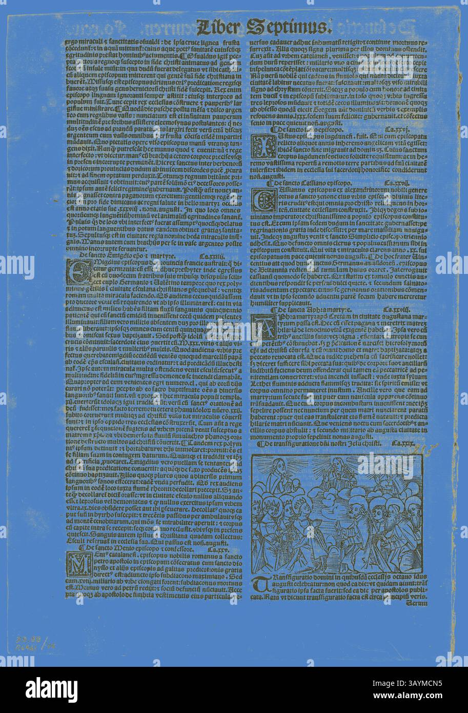 Ein historischer Text mit kunstvollen Schriften und Illustrationen, der eine alte Erzählung oder ein wissenschaftliches Werk zeigt. Das Design umfasst dekorative Anfangsbuchstaben und eine detaillierte Darstellung von Figuren, die in einer für den Text relevanten Szene beteiligt sind. Blatt aus dem Katalogus Sanctorum von Petrus Natalibus, Platte 75 aus Holzschnitten aus Büchern des XVI Jahrhunderts, 1542, zusammengesetzt zu einem Portfolio 1937, Unbekannter Künstler (Französisch, 16. Jahrhundert), zusammengesetzt von Max Geisberg (Schweiz, 1875-1943), Frankreich, Holzschnitt auf Papier, 54 x 77 mm (Bild), 265 x 164 mm (Bild/text), 295 x 205 mm (Blatt) Klassische Kunst mit modernem Twist Stockfoto