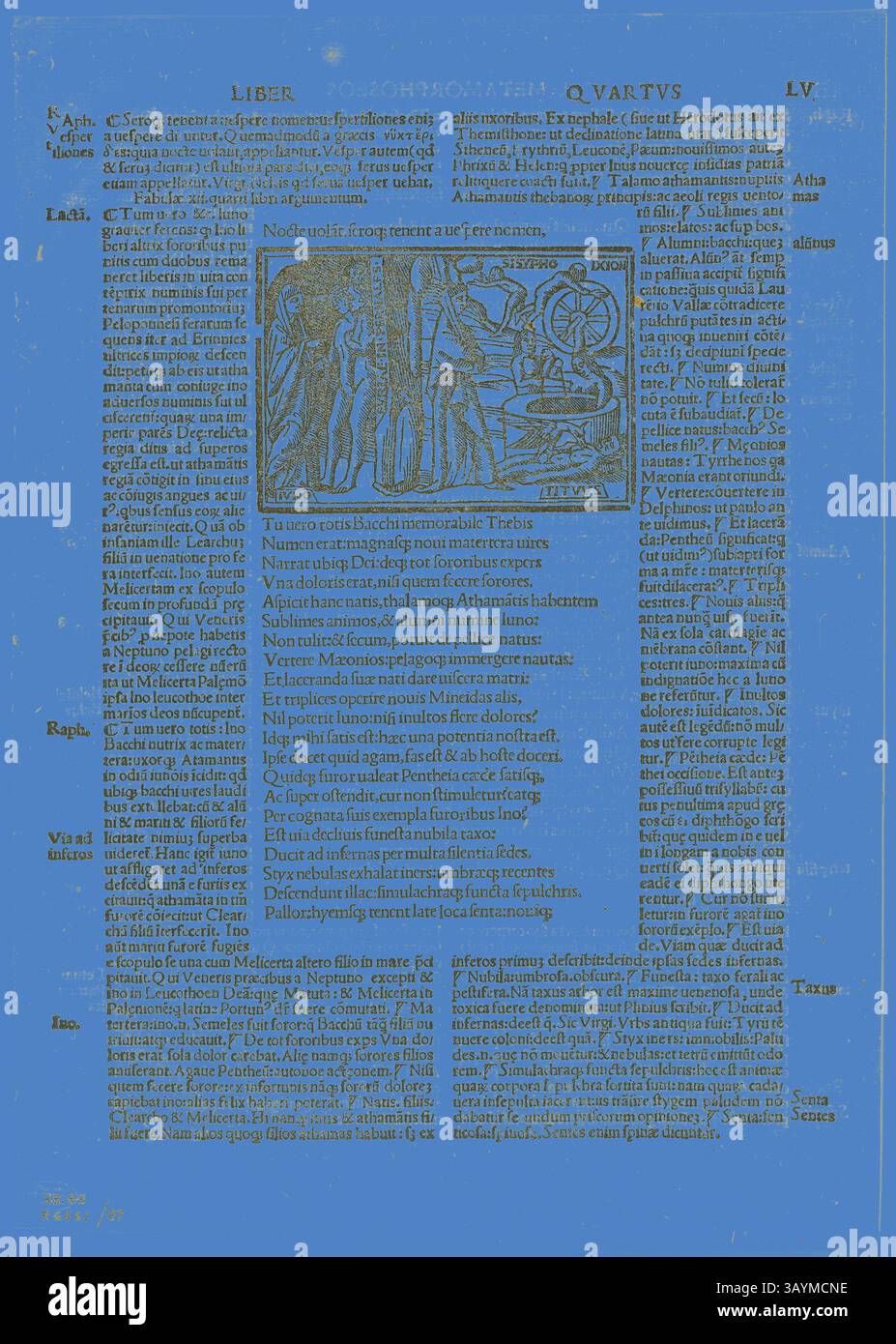 Ein antiker Text zeigt detailreiche Illustrationen neben lateinischer Schrift, die Wissen und historische Bedeutung vermitteln. Das Layout umfasst verschiedene Abschnitte und dekorative Elemente, die auf seinen wissenschaftlichen Zweck hinweisen. Juno in Hades von P. Ouidij Nasonis poete ingeniosissimi Metamorphoseos Libri, Platte 87 von Holzschnitten aus Büchern des XVI Jahrhunderts, 1527, zusammengefügt zu Portfolio 1937, Unbekannter Künstler (Italienisch, 16. Jahrhundert), zusammengesetzt von Max Geisberg (Schweiz, 1875-1943), Italien, Holzschnitt auf Papier, 61 243 x 87 mm 182 (Bild/Text), 284 x 202 mm (Blatt) Klassische Kunst mit Stockfoto