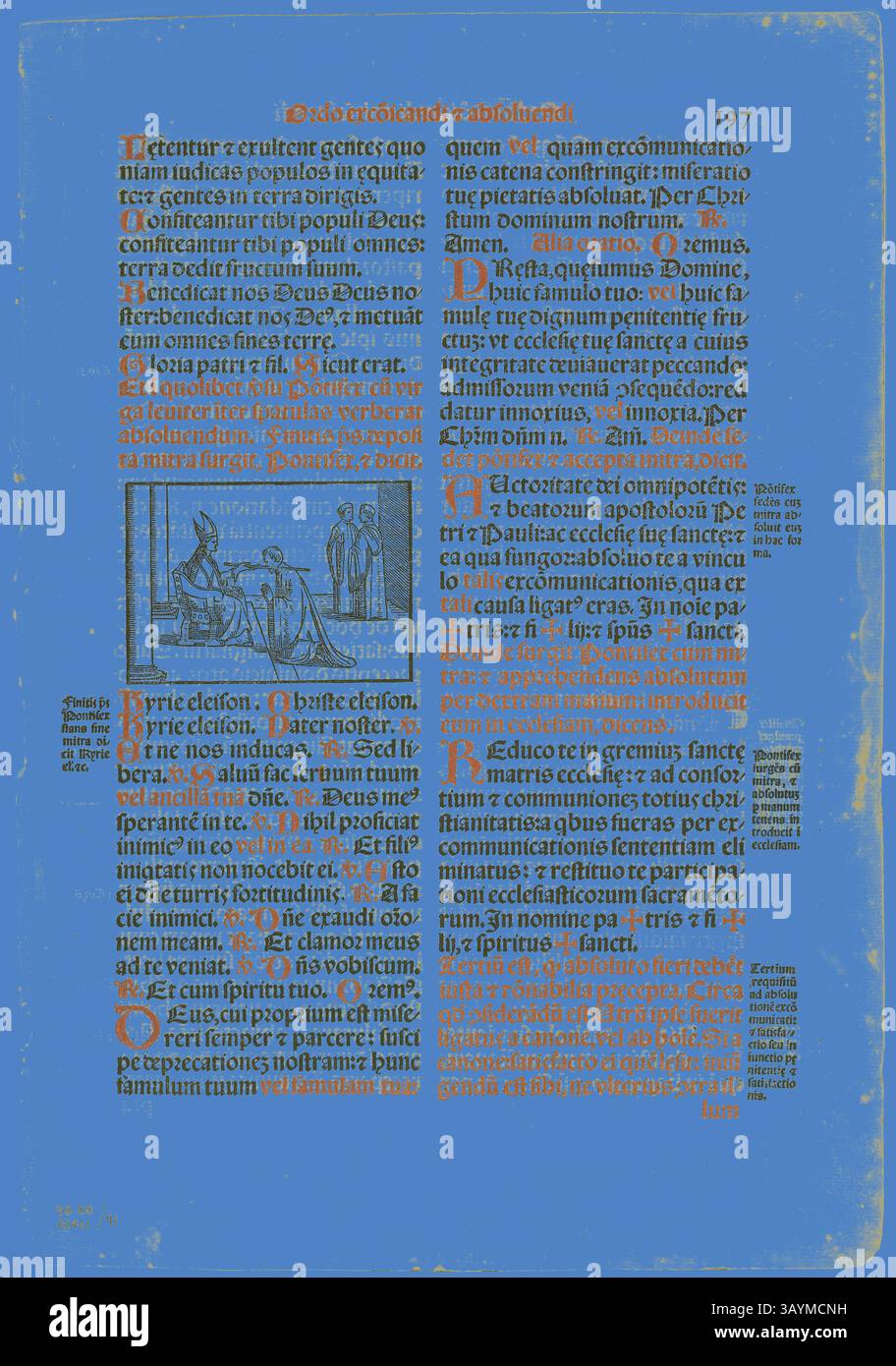 Eine aufwendig gestaltete Seite mit reich verzierten Texten und Illustrationen, mit lebendigen Farben und dekorativen Elementen, die den visuellen Reiz der mittelalterlichen Handschrift unterstreichen. Das Layout enthält Textbereiche, die in einer stilisierten Schriftart geschrieben sind, neben detaillierten Bildern, die eine fesselnde historische Erzählung erzeugen. Blatt aus Pontificale Romanum, Platte 91 aus Holzschnitten aus Büchern des 16. Jahrhunderts, 1572, zusammengesetzt zu Portfolio 1937, Unbekannter Künstler (Italienisch, 16. Jahrhundert), zusammengesetzt von Max Geisberg (Schweiz, 1875-1943), Italien, Holzschnitt auf Papier, 57 x 82 mm (Bild), 289 x 211 mm (Bild/Text), 359 x 248 mm (Blatt) Stockfoto