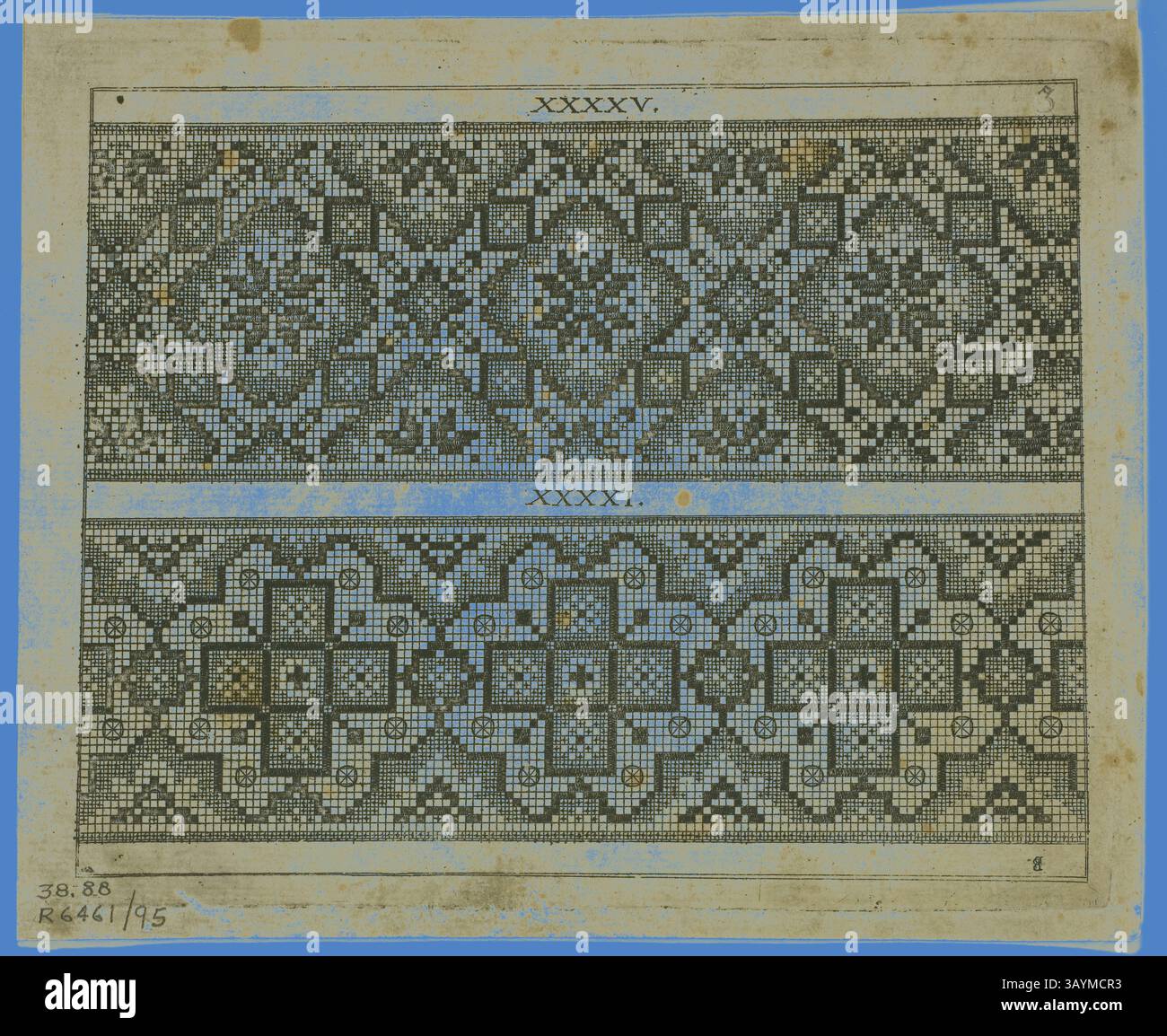 Ein kompliziertes Muster mit geometrischen Formen und Blumenmustern, unterteilt in zwei horizontale Panels mit den beschrifteten Abschnitten XXV und XXI oben und unten. Das Layout zeigt eine detaillierte mosaikartige Anordnung, die Handwerkskunst und Kunstfertigkeit hervorhebt. Illustrationen aus schön Neues Modelbuch, Platte 95 aus Holzschnitten aus Büchern des 16. Jahrhunderts, 1597, zusammengefügt zu einem Portfolio 1937, zugeschrieben Johann Hans Sibmacher (1611), zusammengesetzt von Max Geisberg (Schweiz, 1875-1943), Deutschland, Gravur auf Papier, 119 x 151 mm (Bild), 137 x 167 mm (Blatt) Klassische Kunst mit modernem Twist Stockfoto