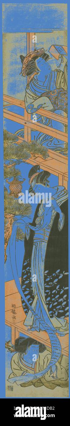 Eine traditionelle Szene mit eleganten Figuren, die in aufwendig gestalteten Kimonos verziert sind, vor einem lebendigen Hintergrund. Das Kunstwerk fängt eine Atmosphäre der Anmut und Gelassenheit ein, mit Anklängen von Natur in die Komposition eingewebt. Parodie der Leseszene in Chushingura, um 1776, Isoda Koryusai, Japanisch, 1735-1790, Japan, Farbholzdruck, Hashira-e, 1/2 x 5/8 Zoll Klassische Kunst mit modernem Touch, neu interpretiert von Artotop Stockfoto