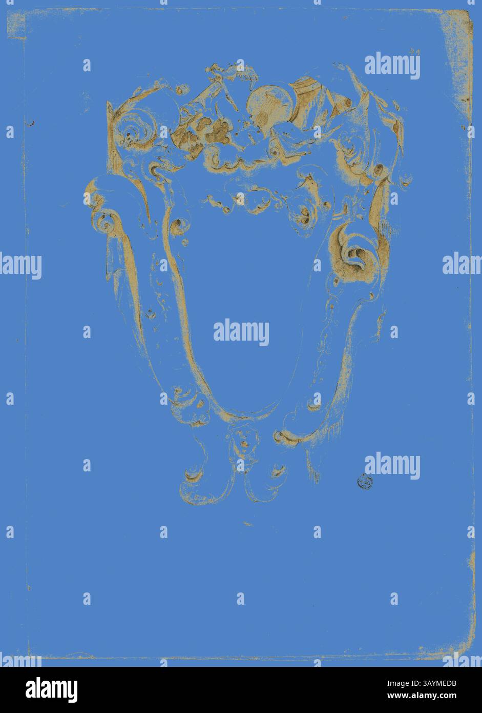 Ein kunstvoller dekorativer Rahmen mit komplizierten Scroll- und Blumenmotiven strahlt Eleganz und Handwerkskunst aus. Das Design zeichnet sich durch geschwungene Kurven und feine Details aus, die eine Vintage-Ästhetik schaffen. Entwurf für Escutcheon, mit Musikinstrumenten, n.d., unbekannter Künstler, möglicherweise Italienisch, Italien, Schwarze Kreide und Pinsel und braune Waschung auf elfenbeinfarbenem Büttenpapier, 405 x 580 mm Klassische Kunst mit einem modernen Twist von Artotop Stockfoto