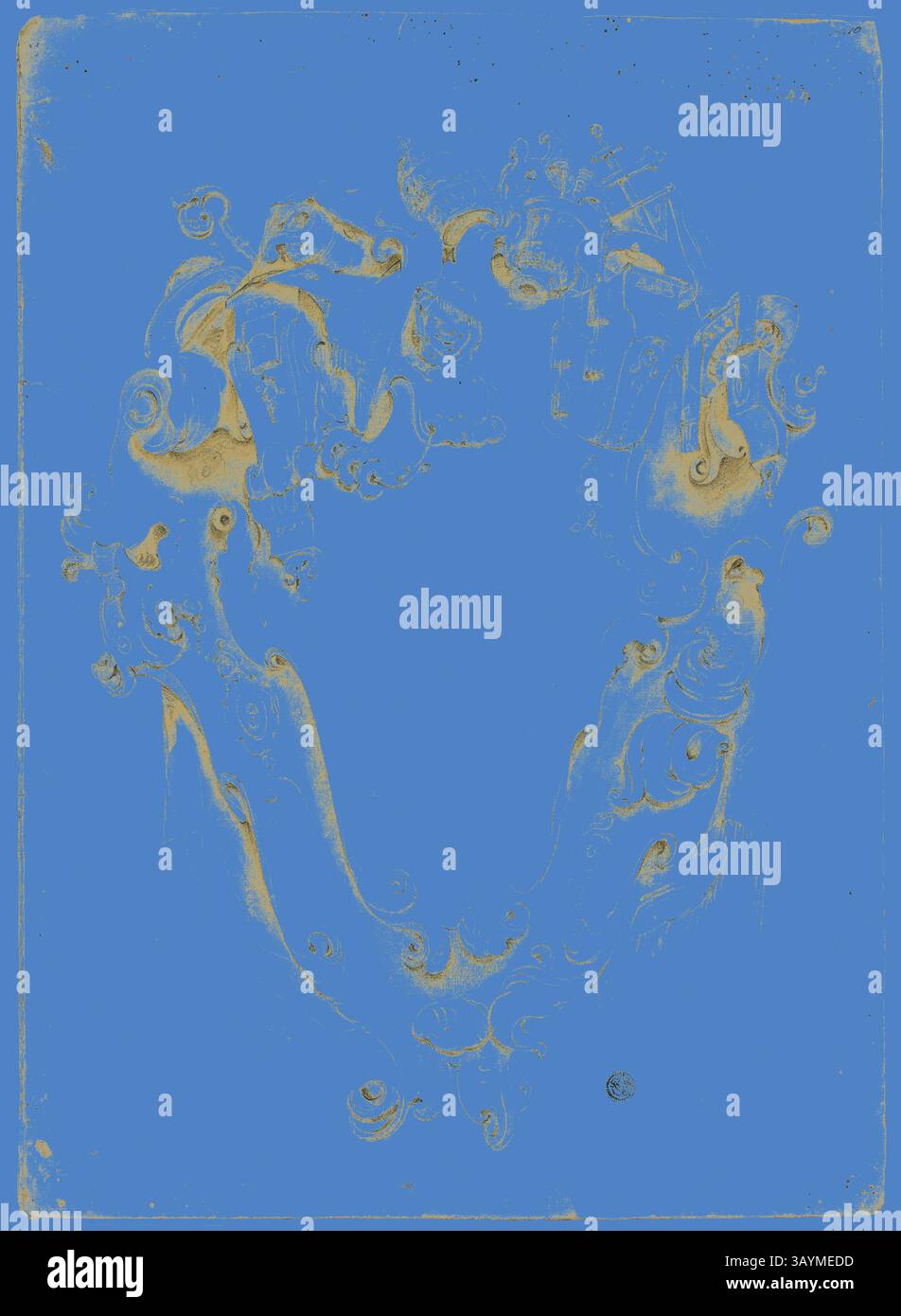 Ein kompliziertes Design mit wirbelnden Mustern und dekorativen Elementen, das einen stilvollen Rahmen oder eine stilisierte Umrandung vor einem leuchtend blauen Hintergrund bildet. Die kunstvollen Details deuten auf eine Mischung aus Eleganz und Kunstfertigkeit hin. Design for Ecclesiastical Escutcheon, n.d., unbekannter Künstler, möglicherweise Italienisch, Italien, schwarze Kreide und Pinsel und braune Waschung auf elfenbeinfarbenem Büttenpapier, 405 x 580 mm Klassische Kunst mit einem modernen Twist von Artotop Stockfoto