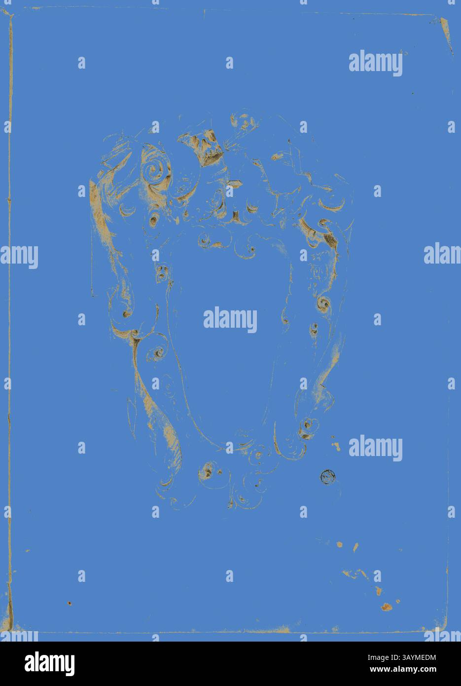 Ein kunstvolles Design mit komplizierten Wirbeln und Locken, das an die Form einer Figur mit aufwändigen Haaren und dekorativen Elementen erinnert. Der Hintergrund ist in leuchtendem Blau gehalten und steht im Kontrast zu den helleren, detaillierten Verzierungen. Design für Escutcheon, mit Künstlerinstrumenten, n.d., Unbekannter Künstler, möglicherweise Italienisch, Italien, Schwarze Kreide und Pinsel und braune Waschung auf elfenbeinfarbenem Büttenpapier, 405 x 580 mm Klassische Kunst mit einem modernen Twist von Artotop Stockfoto