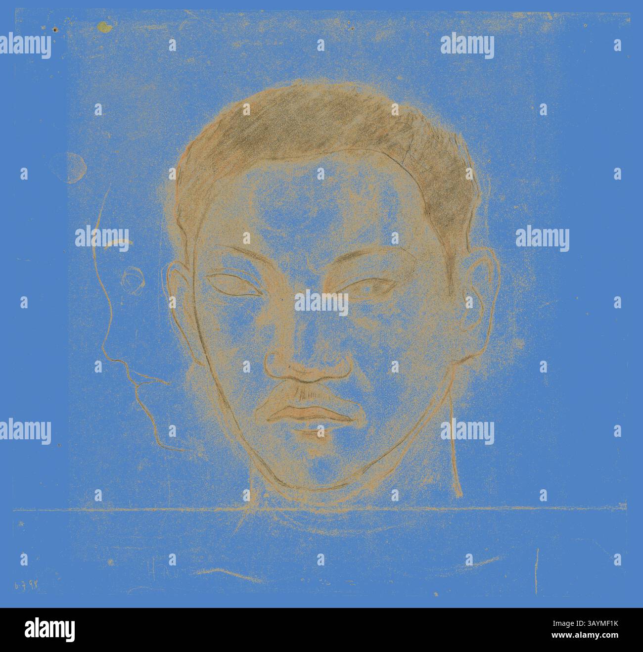 Ein stilisiertes Porträt mit einer Figur mit ernstem Ausdruck vor einem leuchtend blauen Hintergrund. Das Bildmaterial enthält ein subtiles Profil derselben Figur im Hintergrund, was der Komposition Tiefe verleiht. Die gesamte Ästhetik kombiniert kräftige Linien und weiche Farbtöne und sorgt so für eine beeindruckende visuelle Wirkung. Kopf eines Tahiti mit Profil des zweiten Kopfes zu seiner Rechten, 1891/93, Paul Gauguin, Französisch, 1848-1903, Frankreich, Schwarze und rote Kreide, selektiv gestumpft, auf cremefarbenem Webpapier, 352 x 369 mm Klassische Kunst mit einem modernen Twist von Artotop Stockfoto