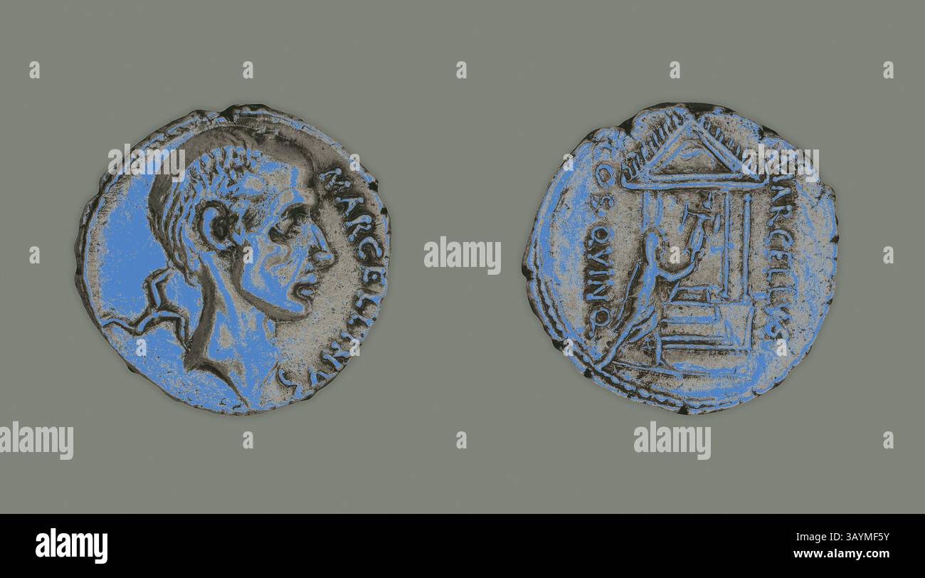 Eine kreisförmige Münze mit einem Profil eines jungen Mannes auf der einen Seite, mit Inschrift seines Namens, und auf der anderen Seite mit einer detaillierten Struktur und weiteren Inschriften. Denar (Münze) mit der Darstellung von Marcus Claudius Marcellus, 50/49 v. Chr., herausgegeben von der Römischen Republik, P. Cornelius Lentulus Marcellinus (moneyer), Roman, geprägt in Rom, Rom, Silber, Durchm. 1,8 cm, 3,93 g Klassische Kunst mit modernem Touch, neu interpretiert von Artotop Stockfoto