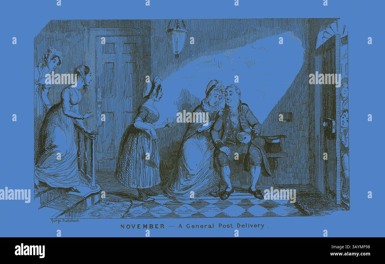 Eine Szene, die einen Moment im November festnimmt, in der zwei Charaktere einen zärtlichen Moment teilen, während sie von einem neugierigen Zuschauer vor einem leuchtend blauen Hintergrund unterbrochen werden. Das Ambiente erinnert an eine Wohnatmosphäre mit dekorativem Licht und gemustertem Boden. November, A General Post Delivery in Opposition von George Cruikshanks Stahlätzungen zu den Comic Almanacks: 1835-1853, 1839, gedruckt um 1880, George Cruikshank (Englisch, 1792-1878), herausgegeben von Pickering & Chatto (englisch, 19. Jahrhundert), England, Stahlätzung in Schwarz auf cremefarbenem Indien-Papier, gelegt auf cremefarbene Karte (chine collé Stockfoto