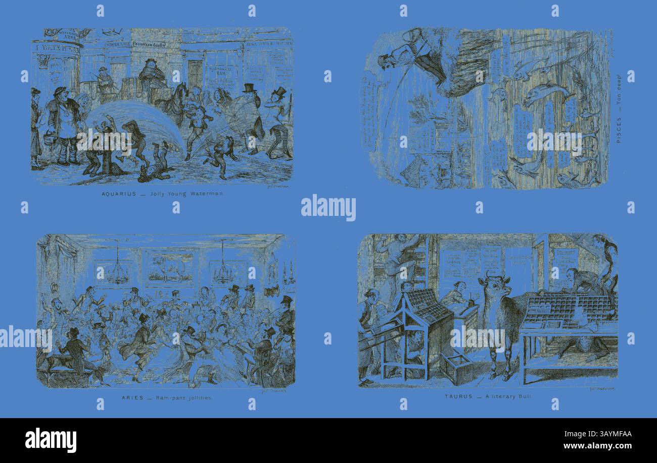 Eine lebendige künstlerische Darstellung mit vier unterschiedlichen Szenen. Oben links zeigt eine lebhafte Zusammenkunft junger Menschen, die eine festliche Veranstaltung genießen. Oben rechts präsentiert eine animierte Menge in einem Theater oder Saal, die von einer Vorstellung fasziniert ist. Unten links ist eine geschäftige Atmosphäre, möglicherweise ein Tanz oder eine Feier, während unten rechts ein ruhiger Moment mit einem Stier und verschiedenen musikalischen Elementen dargestellt wird, die auf Themen der Astrologie und Harmonie hinweisen. Aquarius, Jolly Young Watermen from George Cruikshank’s Steel Etchings to the Comic Almanacks: 1835-1853 (oben links), 1846, gedruckt um 1880 Stockfoto