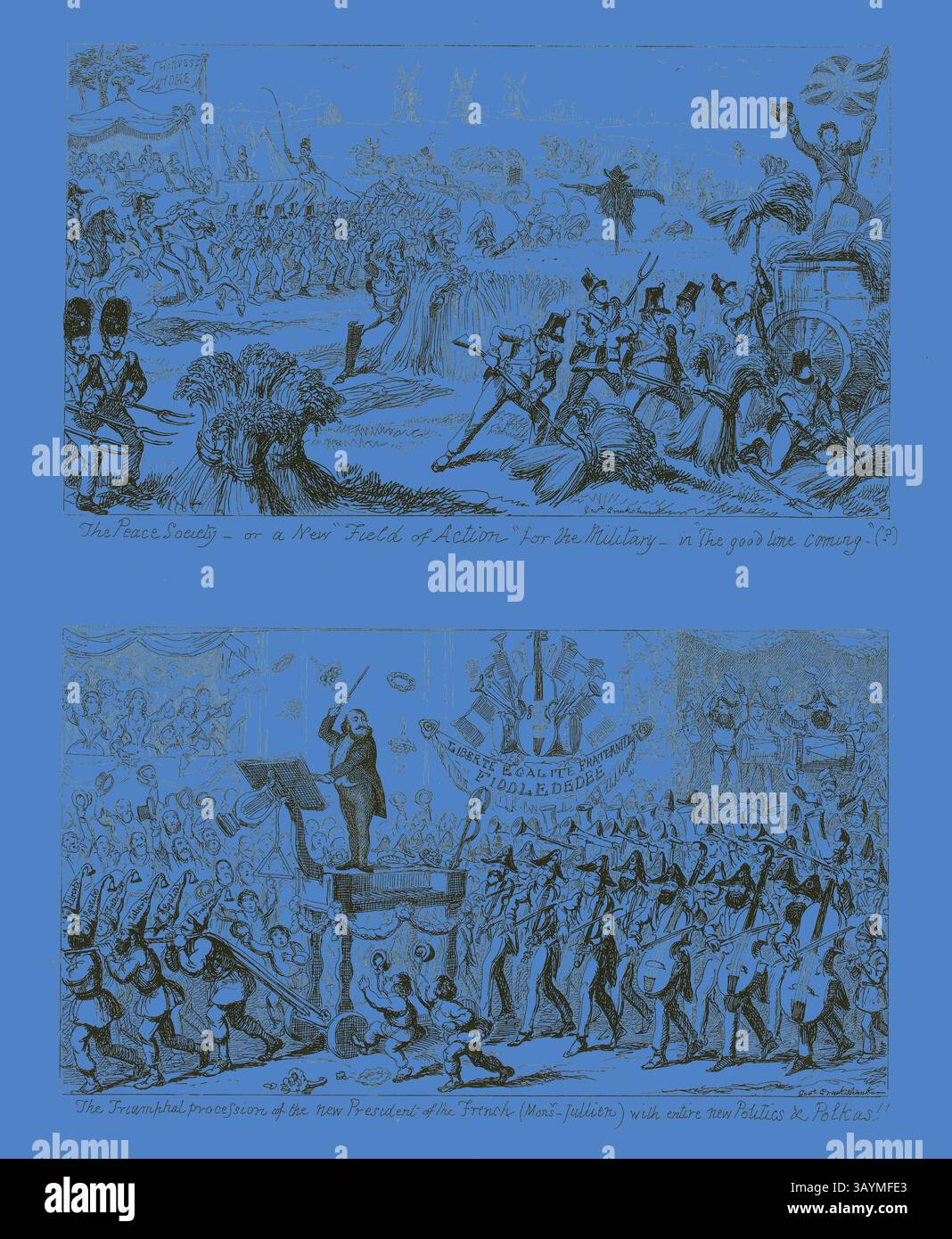 Eine satirische Darstellung, die den Kontrast zwischen militärischem Ruhm und der Kritik politischer Persönlichkeiten veranschaulicht, zeigt Soldaten, die in der Schlacht sind, und eine öffentliche Rede, die die Farzigkeit der Politik hervorhebt. Die Szene fängt Themen des Heldentums und der politischen Satire durch dynamische Figuren und dramatische Ausdrucksformen ein. The Peace Society oder A New Field of Action for the Military, in the good time Coming from George Cruikshank’s Steel Radiings to the Comic Almanacks: 1835-1853 (TOP), 1852, gedruckt um 1880, George Cruikshank (englisch, 1792-1878), veröffentlicht von Pickering & Chatto (Englisch, 19 Stockfoto