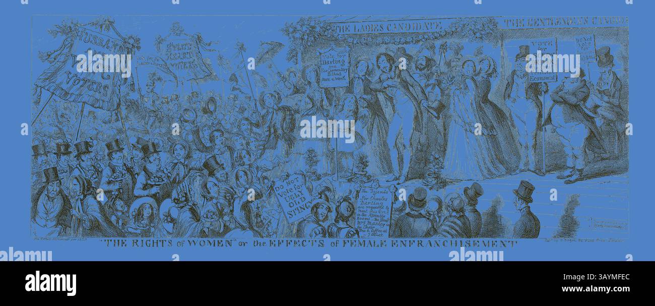 Eine lebendige Szene, die eine Versammlung darstellt, die sich für die Rechte der Frauen einsetzt, mit Frauen in eleganter Kleidung und einer Menge, die Banner hält, die das Wahlrecht fördern. Die Kulisse zeigt ein politisches Ereignis, bei dem Männer und Frauen in lebhaften Diskussionen über die Rolle der Frau in der Gesellschaft diskutieren. The Rights of Women or the Effects of Female Enfranchisement from George Cruikshank’s Steel Radiings to the Comic Almanacks: 1835-1853, 1853, gedruckt um 1880, George Cruikshank (englisch, 1792-1878), herausgegeben von Pickering & Chatto (englisch, 19. Jahrhundert), England, Stahlätzung in schwarz auf cremefarbenem Indien-Papier, gelegt Stockfoto