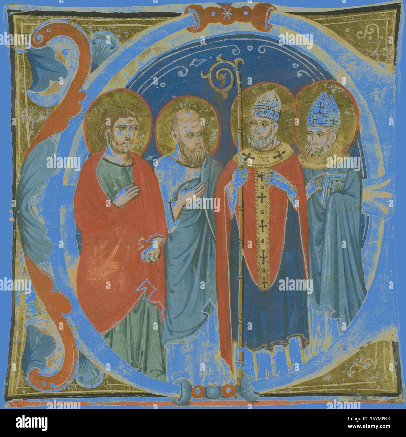 Eine Gruppe historischer Figuren steht in einer kunstvollen, dekorativen Komposition mit aufwendig detaillierter Kleidung und religiösen Symbolen. Jede Figur weist unterschiedliche Gesichtsausdrücke und Attribute auf, die ihre wichtige Rolle andeuten, während komplexe Muster und Farben die Szene einrahmen, was zu ihrer reichen, erzählerischen Qualität beiträgt. Zwei Heilige und zwei Bischöfe in einem historisierten Initial E aus einem Chorbuch, 1335/1400, Italienisch (Siena oder Bologna), Italien, Manuskript in Tempera und Blattgold geschnitten, mit lateinischen Inschriften in bräunlich-schwarzer Tinte, geriniert in roter Tinte, rückwärts, auf Pergament, 151 x 149 mm Classic Stockfoto