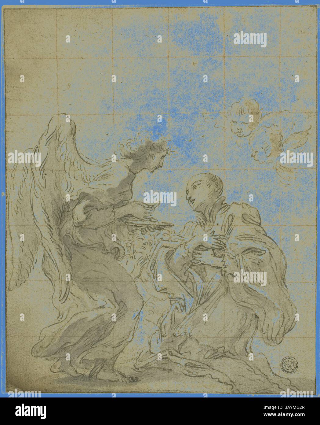 Eine Engelsfigur interagiert mit einer Person und vermittelt ein Gefühl der Ehrfurcht und Nachsicht. Die Szene ist von spirituellem Symbolismus geprägt, mit feinen Details, die den emotionalen Austausch zwischen den beiden Figuren hervorheben. Weiche Wolken und ätherische Elemente verstärken die göttliche Atmosphäre. Kommunion des Heiligen Stanislaus Kostka, n.d., Kreis von Gian Lorenzo Bernini (italienisch, 1598–1680), oder möglicherweise nach Giovanni Battista Gaulli (italienisch, 1639–1709), oder Giovanni Paolo Schor (österreichisch, 1615–1674), Italien, Stift und schwarze und braune Tinte, mit Pinsel und grauer Waschung, quadratisch in roter Kreide Stockfoto