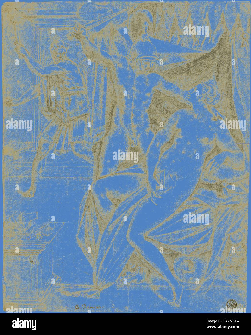 Eine mythologische Szene, die zwei Figuren in einem Moment dramatischer Interaktion darstellt und Themen der Spannung und Emotionen hervorhebt, vor einem kunstvollen Hintergrund mit klassischen Elementen und fließenden Drapierungen. Tarquin and Lucretia, n.d., Schule Fontainebleau, Französisch, blühte 1530er-1610, Frankreich, Schwarze Kreide auf braunem Büttenpapier, 297 x 238 mm Klassische Kunst mit modernem Touch, neu interpretiert von Artotop Stockfoto