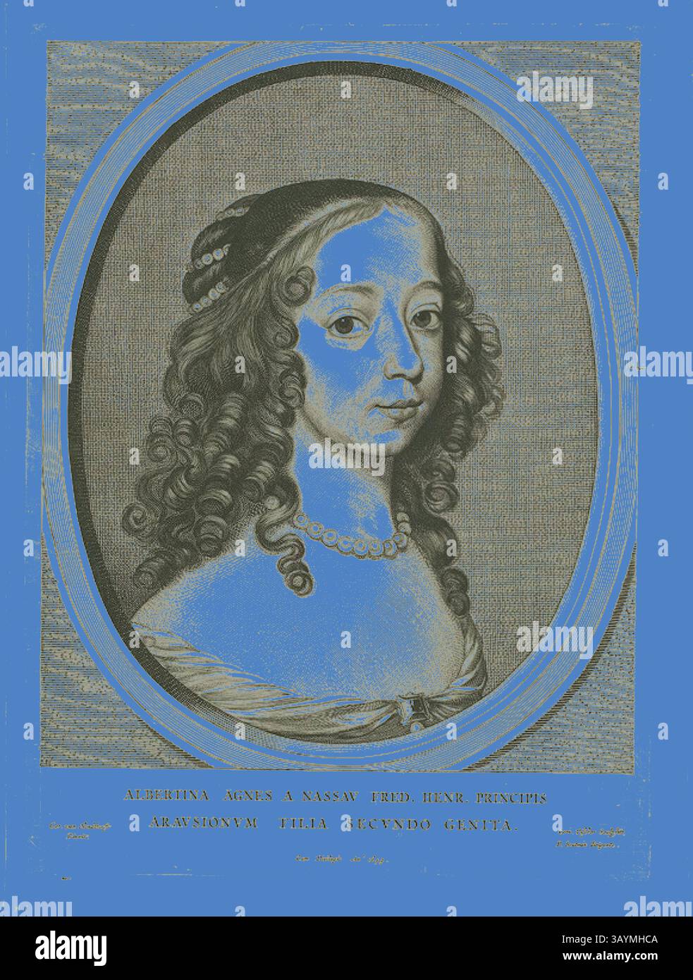 Ein Porträt einer Frau mit elegantem, mit Perlen verziertem Haar, gekleidet in einem raffinierten Gewand. Das Kunstwerk verfügt über komplizierte Details und einen ovalen Rahmen, der ihren ausgeglichenen Ausdruck unterstreicht. Albertine Agnes of Nassau, n.d., Cornelis Visscher, der ältere (Niederlande, ca. 1520-1586), nach Gerrit van Honthorst (Niederländisch, 1590–1656), Holland, Gravur auf Papier, 419 x 308 mm Klassische Kunst mit einem modernen Twist, neu interpretiert von Artotop Stockfoto