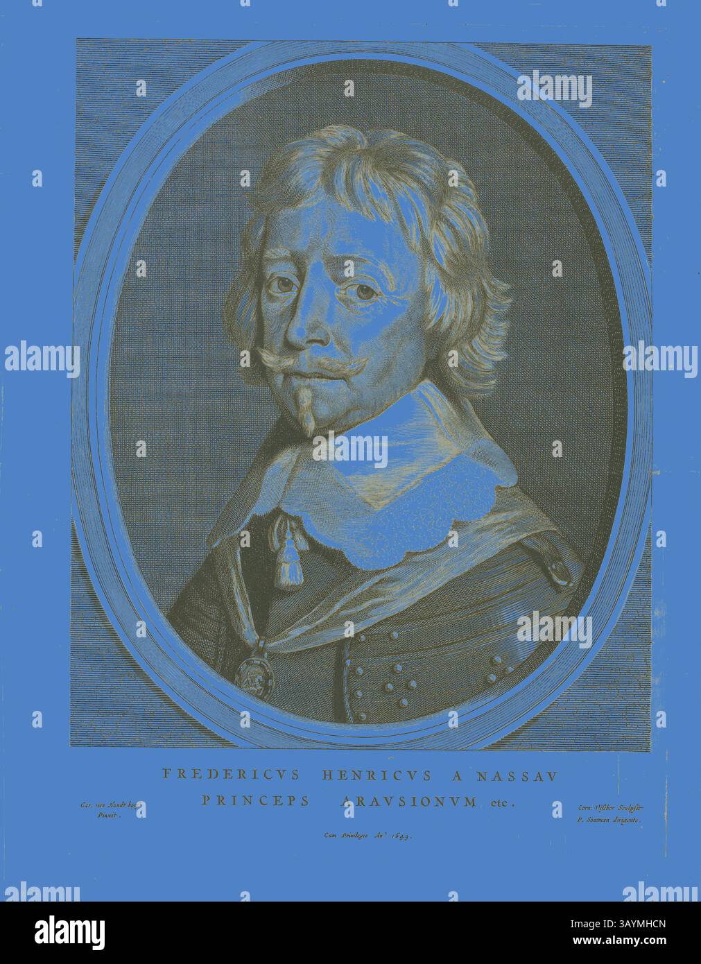 Ein Porträt von Friedrich Heinrich, Prinz von Orange, dargestellt mit stilvoller Kleidung und einem unverwechselbaren Schnurrbart, der ein Gefühl von Adel und historischer Bedeutung ausstrahlt. Friedrich Heinrich von Nassau, n.d., Cornelis Visscher, der ältere (Niederländisch, ca. 1520-1586), nach Gerrit van Honthorst (Niederländisch, 1590–1656), Holland, Gravur auf Papier Klassische Kunst mit einem modernen Twist, neu interpretiert von Artotop Stockfoto
