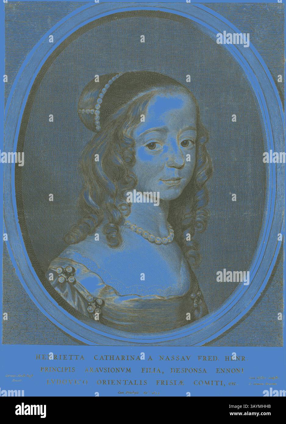 Ein Porträt einer jungen Frau mit langen, fließenden Haaren und zarten Gesichtszügen, verziert in einem kunstvollen Kleid. Unter ihr wird sie als Henrietta Catharina bezeichnet, was auf ihr edles Erbe hinweist. Die Komposition vermittelt ein Gefühl von Eleganz und Anmut. Henrietta Catharina von Nassau, n.d., Cornelis Visscher, der ältere (Niederländisch, ca. 1520-1586), nach Gerrit van Honthorst (Niederländisch, 1590–1656), Holland, Gravur auf Papier Klassische Kunst mit einem modernen Twist, neu interpretiert von Artotop Stockfoto