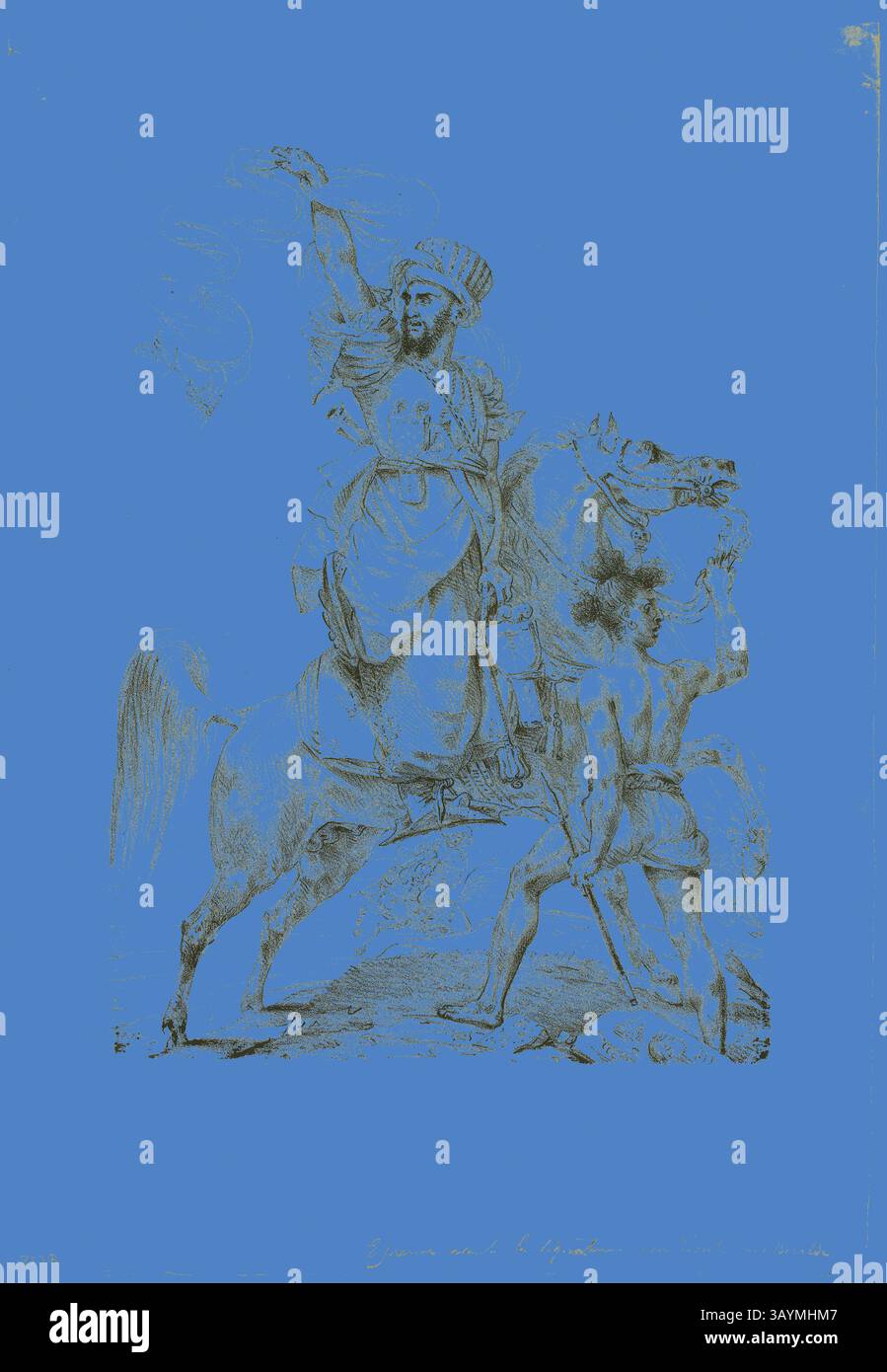 Eine königliche Figur auf dem Rücken des Pferdes hebt den Arm trotzig und erwirbt Aufmerksamkeit. Das Individuum ist mit fließenden Gewändern und einem unverwechselbaren Kopfschmuck verziert, während eine kniende Figur zu Füßen des Pferdes in Ehrfurcht oder Unterwerfung geübt wird. Die Szene fängt einen Moment der Autorität und dramatischen Interaktion in einer weitläufigen Landschaft ein. Montierte Mameluke Chieftain ruft zu Hilfe, 1817, Baron Antoine Jean Gros, Französisch, 1771-1835, Frankreich, Lithographie in Schwarz auf cremefarbenem Webpapier, 319 x 233 mm (Bild), 436 x 299 mm (Blatt) Klassische Kunst mit einem modernen Twist von Artotop neu interpretiert Stockfoto Eine königliche Figur auf dem Rücken des Pferdes hebt den Arm trotzig und erwirbt Aufmerksamkeit. Das Individuum ist mit fließenden Gewändern und einem unverwechselbaren Kopfschmuck verziert, während eine kniende Figur zu Füßen des Pferdes in Ehrfurcht oder Unterwerfung geübt wird. Die Szene fängt einen Moment der Autorität und dramatischen Interaktion in einer weitläufigen Landschaft ein. Montierte Mameluke Chieftain ruft zu Hilfe, 1817, Baron Antoine Jean Gros, Französisch, 1771-1835, Frankreich, Lithographie in Schwarz auf cremefarbenem Webpapier, 319 x 233 mm (Bild), 436 x 299 mm (Blatt) Klassische Kunst mit einem modernen Twist von Artotop neu interpretiert Stockfoto