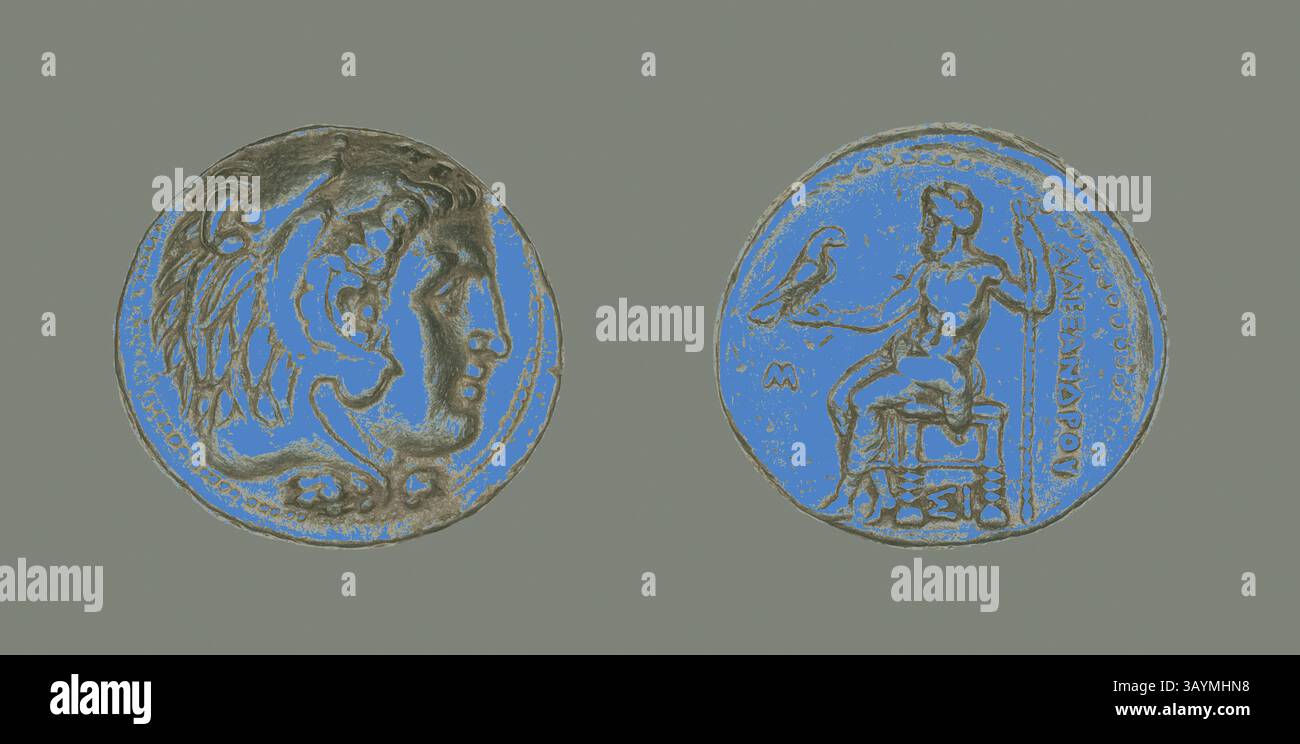 Eine alte Münze mit dem Profil eines Löwen und einer sitzenden Figur mit einem Vogel, die komplexe Designs und historische Bedeutung zeigt. Die Inschriften bieten einen zusätzlichen Kontext zu ihrem Ursprung und ihrer Ära. Tetradrachme (Münze) mit Alexander dem Großen, 336/323 v. Chr., griechisch, geprägt in Sidon, altes Phönizien, Syrien, Silber, Durchm. 2,8 cm, 17,15 g Klassische Kunst mit modernem Touch, neu interpretiert von Artotop Stockfoto