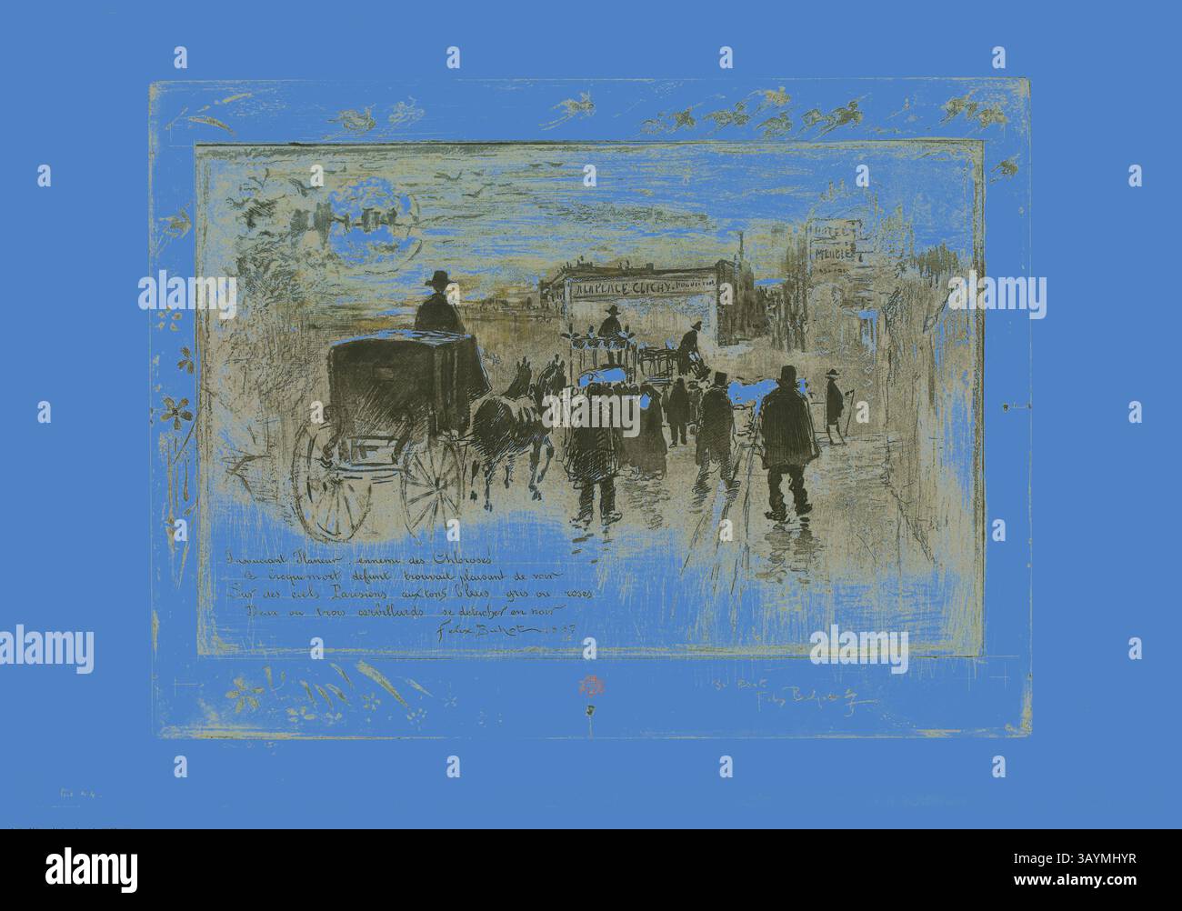 Eine geschäftige Straßenszene aus einer vergangenen Zeit mit Pferdekutschen und Fußgängern in historischer Kleidung vor einem leuchtend blauen Hintergrund. Die Atmosphäre weckt ein Gefühl von Nostalgie und hebt das tägliche Leben und die Bewegung in einer städtischen Umgebung hervor. Trauerprozession auf dem Boulevard Clichy, 1887, Félix Hilaire Buhot, Französisch, 1847-1898, Frankreich, Ätzung und Aquatinte, mit Trockenpunkt- und Tellertönung, gefärbt à la poupée in Blau und Schwarz, mit Handaufträgen aus goldfarbener Metallic-Farbe, auf braunem Webpapier, 300 x 402 mm (Bild/Platte), 363 x 523 mm (Blatt) Klassische Kunst mit modernem Touch Stockfoto