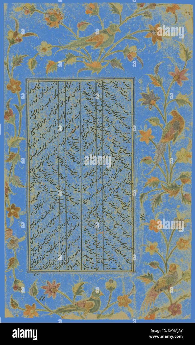 Eine lebendige Kulisse mit komplizierten Blumenmustern und farbenfrohen Vögeln umrahmt ein wunderschön geschriebenes Manuskript mit eleganter Kalligraphie in einem rhythmischen Layout. Die Kombination aus detaillierten Illustrationen und poetischem Text schafft eine fesselnde Mischung aus Kunst und Literatur. Seite aus einer Handschrift in Nasta’liq mit einer beleuchteten Grenze, Safawiden-Dynastie (1501–1722), 16. Jahrhundert, Iran, Iran, Tinte, undurchsichtiges Aquarell und Gold auf Papier, 25,8 x 15,7 cm (10 1/8 x 6 3/16 Zoll) Klassische Kunst mit modernem Touch, neu interpretiert von Artotop Stockfoto