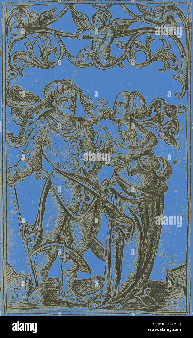 Eine edle Figur in prunkvoller Rüstung steht selbstbewusst, hält ein Schwert in der Hand, während sie sich mit einer Frau in eleganten Gewändern auseinandersetzt. Sie gibt anmutige Gesten, und ein kleiner Vogel sitzt auf seinem Arm, umgeben von filigranen Blumenmustern und Cherubischen Figuren darüber, schafft eine Szene des Dialogs und der Verbindung zwischen den beiden Charakteren. Dame und Gentleman gehen nach rechts, 1500/25, Meister S, Niederländisch, aktiv 1516-1545, Niederlande, Gravur in Schwarz auf elfenbeinfarbenem Büttenpapier, 67 x 40 mm (Bild/Platte) Klassische Kunst mit modernem Touch, neu interpretiert von Artotop Stockfoto