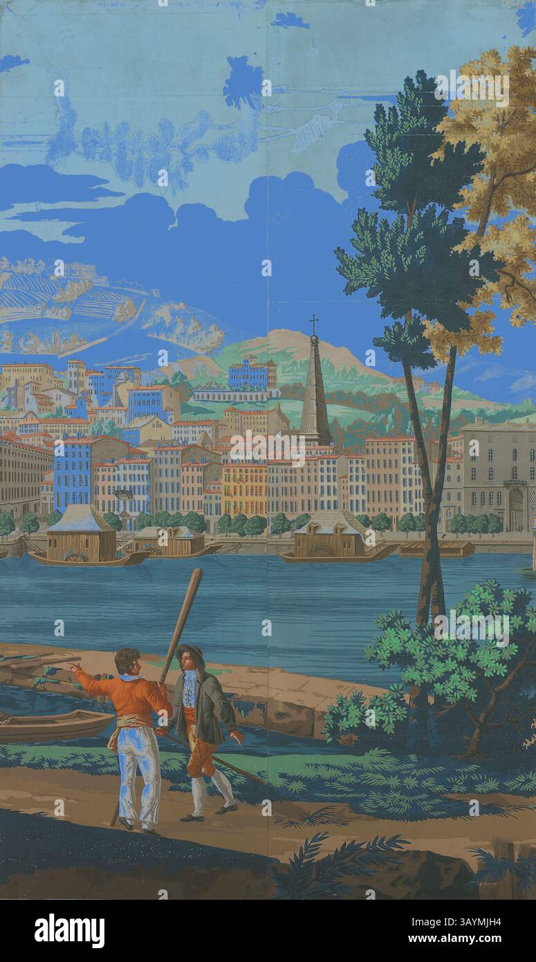 Eine lebhafte Küstenszene mit zwei Figuren, die am Ufer des Wassers miteinander reden, mit einer malerischen Stadt und Bergen im Hintergrund. Die farbenfrohen Gebäude zusammen mit einem hohen Turm schaffen eine bezaubernde Stadtlandschaft umgeben von üppigem Grün. Zwei verbundene Panels: The Views of Lyon, erste Ausgabe, 1821, Frankreich, Paris, Frankreich, Blockdruck, Farbe auf Papier, 170,2 x 103,5 cm (67 x 40 3/4 Zoll) Klassische Kunst mit modernem Touch, neu interpretiert von Artotop Stockfoto