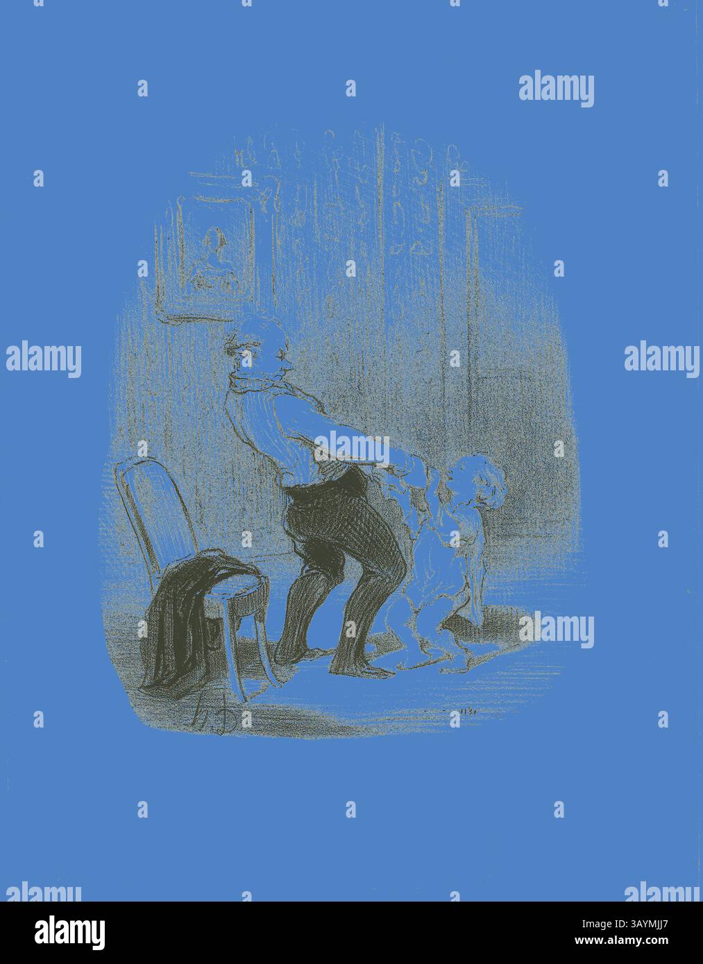 Ein Gentleman in formeller Kleidung greift spielerisch mit einem Hund in Berührung und hebt ihn leicht vom Boden. Das Ambiente verfügt über einen Stuhl und Anklänge an ein elegantes Zimmer im Hintergrund. The First Dance Lession, aus Les Papas, 1848, Honoré Victorin Daumier, Französisch, 1808-1879, Frankreich, Lithografie in Schwarz auf weißem Webpapier, 250 x 193 mm (Bild), 357 x 273 mm (Blatt) Klassische Kunst mit modernem Twist, neu interpretiert von Artotop Stockfoto