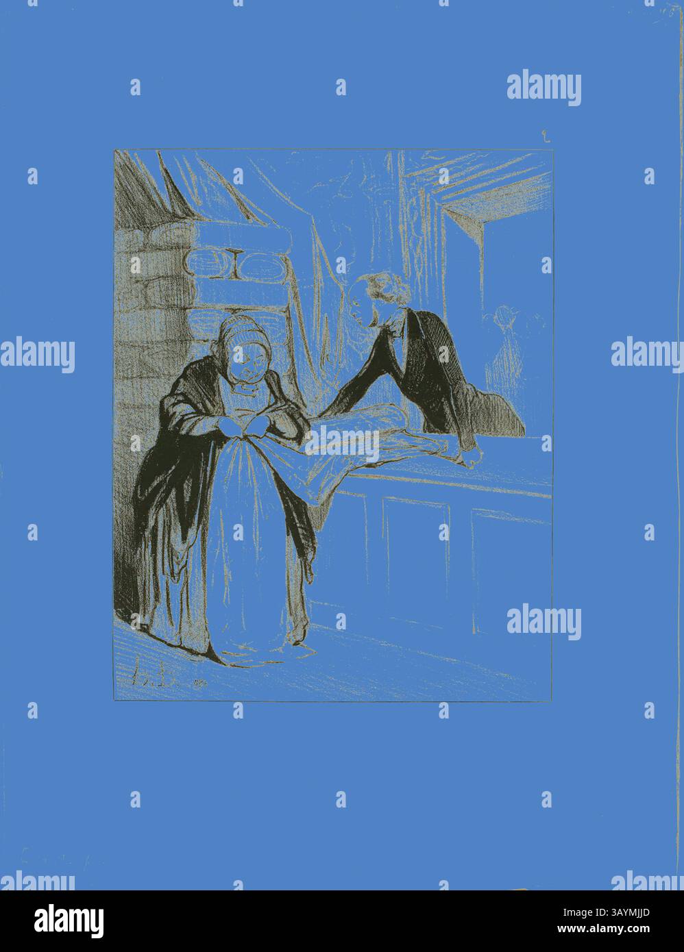 Eine Frau in zeitgenössischer Kleidung steht an einem Tisch und konzentriert sich auf ein Stück Stoff, das sie hält, während ein Gentleman in formeller Kleidung ihr mit einem aufmerksamen Ausdruck zuwendet. Die Einrichtung ist reich verziert, was auf einen Moment der Bedeutung oder des Austauschs hindeutet. Der Schwindel des Verkäufers. - Ein Design aus der Mode. Diese Art von Stoff hat einen herrlichen Schatten, Madame ist die erste, der ich es gezeigt habe…. All unsere jungen Frauen werden sich dafür auseinanderreißen. Was für ein charmantes Design... Es würde wunderbar aussehen bei so einer eleganten Form… Sie brauchen das unbedingt, Madame, Platte 2 aus Les Carottes, 1844 Stockfoto