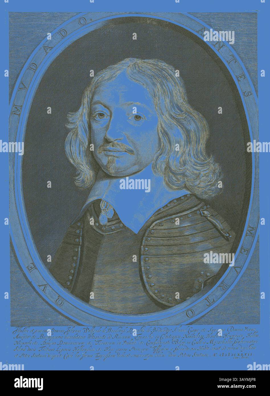 Eine historische Figur wird mit langen, welligen Haaren dargestellt und trägt ein detailliertes, zeitgemäßes Outfit mit verziertem Kragen und Brustplatte. Der Hintergrund ist mit einem lebhaften blauen Farbton durchzogen, der den Merkmalen der Figur einen auffälligen Kontrast verleiht. Die Inschrift darunter enthält Namen und Titel, die auf die Bedeutung des Subjekts hinweisen. Johann Wolfert van Brederode, 1644, Cornelis Visscher, der ältere (Niederländisch, um 1520-86), nach einer Zeichnung von Pieter Claesz. Soutman (Niederländisch, ca. 1580–1657), nach einem Gemälde von Gerrit van Dutch Honthorst (Niederländisch, 1590–1656), Holland, Gravur auf Elfenbein-Bütten, 409 x Stockfoto