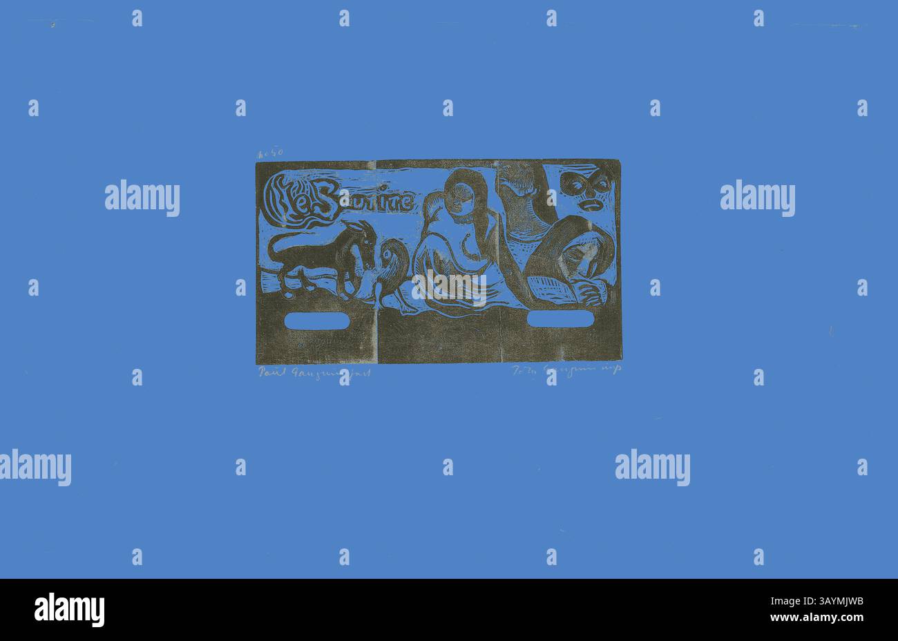 Ein lebendiges Kunstwerk zeigt komplexe Illustrationen einer Frau und Tiere, die mit stilisiertem Text verflochten sind. Das kühne Design vereint Elemente der Natur und menschliche Figuren und vermittelt ein Gefühl der Verbundenheit und Harmonie. Drei Menschen, eine Maske, ein Fuchs und ein Vogel, Kopfschmuck für Le sourire, 1899, gedruckt und veröffentlicht 1921, Paul Gauguin (Französisch, 1848-1903), gedruckt von Pola Gauguin (Dänisch, geboren Frankreich, 1883-1961), erschienen bei Christian Cato, Kopenhagen, Frankreich, Holzblockdruck in schwarzer Tinte auf elfenbeinfarbenem Porzellan-Papier, 103 x 184 mm (Bild), 268 x 425 mm (Blatt) Klassische Kunst mit einem modernen Twist von Stockfoto