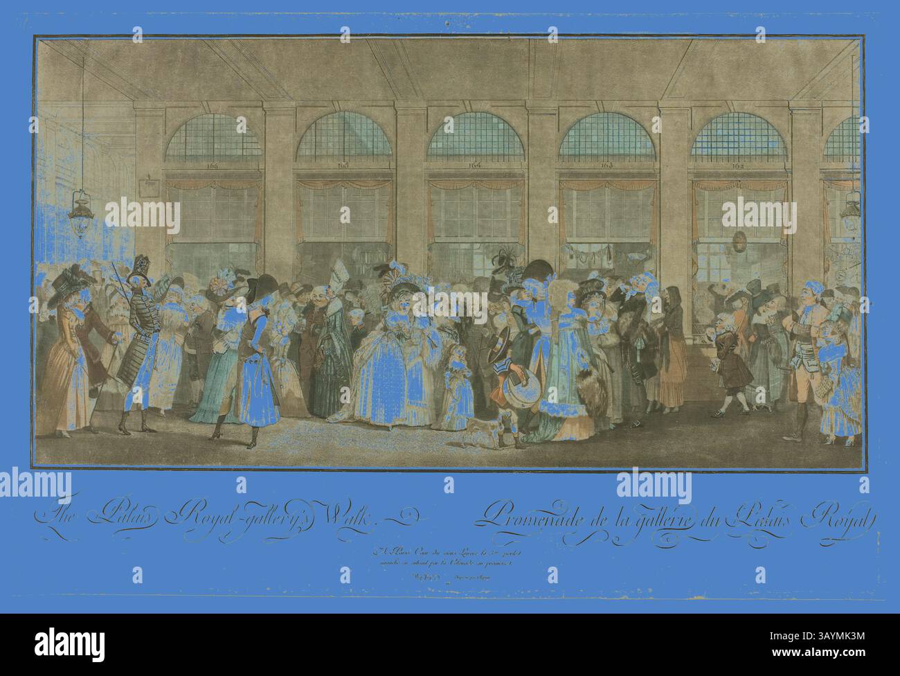 Eine lebendige Szene, die ein großes geselliges Treffen mit elegant gekleideten Personen darstellt, die tanzen und sich mischen, und Stile und Moden einer vergangenen Ära in einem geschäftigen Innenraum zeigt. The Palais Royal Gallery’s Walk, 1787, Philibert Louis Debucourt, Französisch, 1755-1832, Frankreich, Farbe Aquatint auf Papier, 382 x 570 mm (Platte), 390 x 580 mm (Blatt) Klassische Kunst mit einem modernen Twist, neu interpretiert von Artotop Stockfoto