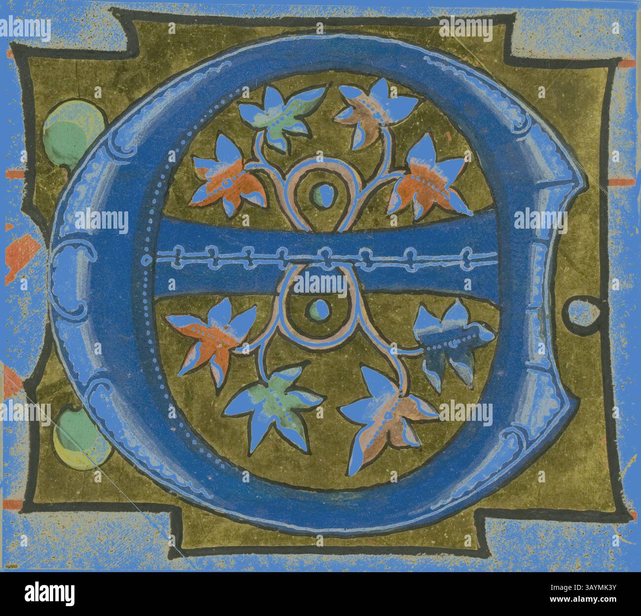 Ein kunstvolles Design mit einem großen blauen Buchstaben „C“, verziert mit komplizierten Blumenmotiven in leuchtenden Orange- und Grüntönen, vor einem reich strukturierten Hintergrund. Dekoriertes Initial E mit Blumen aus einem Chorbuch, 14. Jahrhundert oder modern, um 1920, europäisch, Europa, Manuskriptschnitt in Tempera und Blattgold auf Pergament, 63 x 71 mm Klassische Kunst mit einem modernen Twist von Artotop neu interpretiert Stockfoto