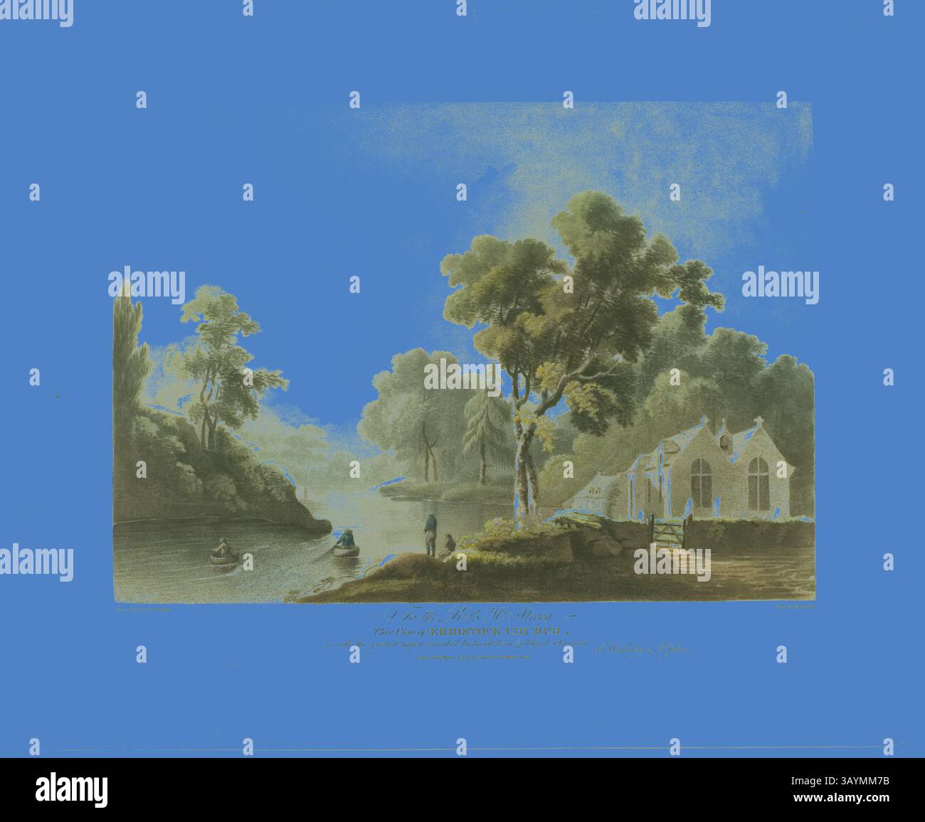 Eine ruhige Landschaft mit einem ruhigen Fluss, flankiert von üppigen Bäumen, mit sanften Hügeln im Hintergrund. Eine kleine Gruppe von Menschen in Booten navigiert durch das Wasser, während ein bezauberndes Gebäude am Flussufer zur idyllischen Umgebung beiträgt. View of Erbistock Church, publiziert 1794, Francis Jukes (Englisch, 1745–1812), nach Thomas Walmsley (Irisch, 1763–1806), England, Color Aquatint auf Papier Klassische Kunst mit einem modernen Twist neu interpretiert von Artotop Stockfoto