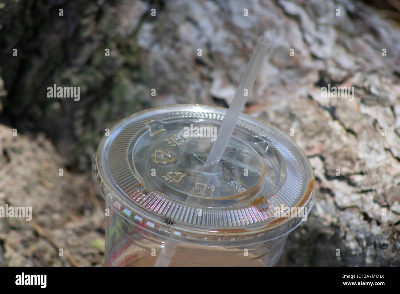 Trinkdeckel und Strohhalm aus durchsichtigem Kunststoff Stockfoto