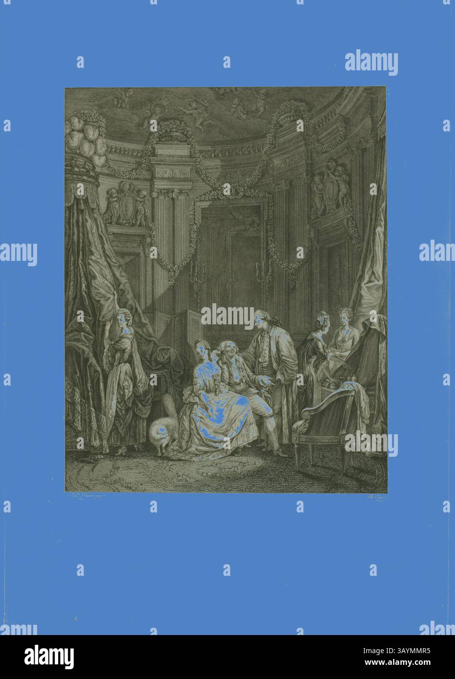 Eine Gruppe elegant gekleideter Personen führt Gespräche in einem opulenten Raum, der mit dekorativer Architektur, drapierten Stoffen und klassischen Möbeln geschmückt ist. Ihre Ausdrücke und Gesten deuten auf einen Moment der Intrige oder Intimität in einer Atmosphäre der Pracht hin. Le Lever de la Mariée, 1781, Philippe Trière (französisch, 1756-c. 1815), nach Jean Démosthène Dugourc (Französisch, 1749–1825), Frankreich, Ätzen und Gravieren in Schwarz auf elfenbeinfarbenem Webpapier, 475 x 340 mm Klassische Kunst mit einem modernen Twist, neu interpretiert von Artotop Stockfoto