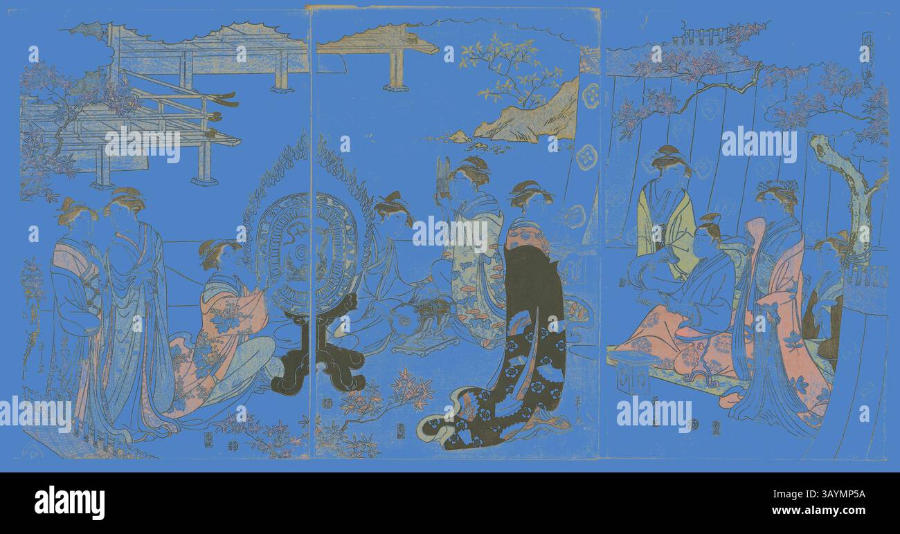 Eine komplizierte Szene zeigt eine Zusammenkunft elegant gekleideter Figuren, die in Gesprächen und künstlerischen Schaffens verwickelt sind, umgeben von detaillierten Landschaften und architektonischen Elementen, mit traditioneller Kleidung und dekorativen Mustern. Momiji no GA, aus der Serie A modische Parodie of the Tale of Genji (Furyu yatsushi Genji), ca. 1789/94, Chobunsai Eishi, Japanisch, 1756-1829, Japan, Farbholzdruck, oban Triptychon, 38,9 x 75,8 cm Klassische Kunst mit einem modernen Twist, neu interpretiert von Artotop Stockfoto