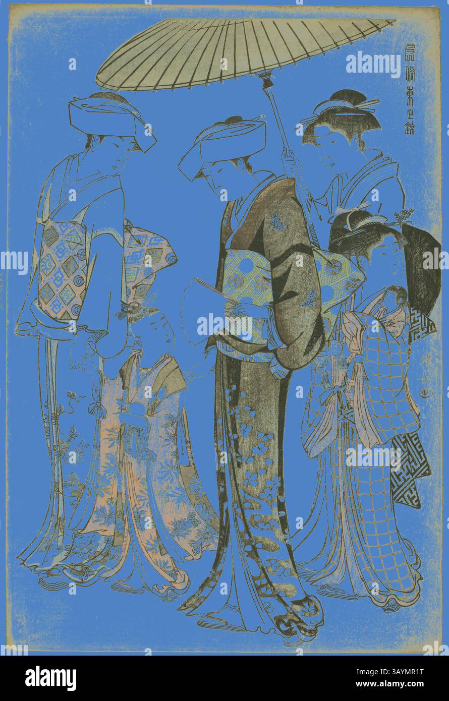 Eine Zusammenkunft elegant gekleideter Figuren in traditioneller Kleidung mit komplizierten Mustern und leuchtenden Farben, während eine Person einen Sonnenschirm hält. Die Szene vermittelt einen Sinn für Kultur und Geschichte und unterstreicht die Schönheit traditioneller japanischer Mode. A Girl and Four Servants, aus der Serie A Brocade of Eastern Manners (Fuzoku Azuma no nishiki), ca. 1783/84, Torii Kiyonaga, Japanisch, 1752-1815, Japan, farbiger Holzschnitt, oban, 39,7 x 26,6 cm Klassische Kunst mit modernem Touch, neu interpretiert von Artotop Stockfoto