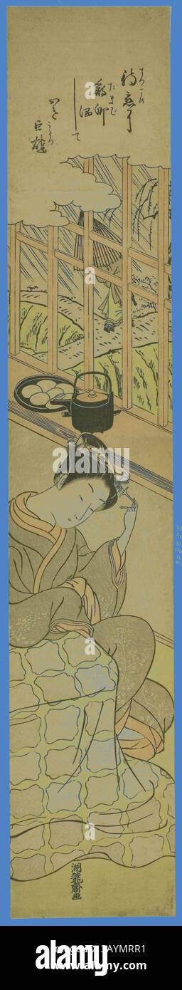 Eine Frau in traditioneller Kleidung sitzt anmutig, ihr Blick nach unten gerichtet, während sie zart eine Haarnadel hält. Hinter ihr schafft eine Szene aus fließendem Wasser und Bambus eine ruhige Atmosphäre, die die Harmonie von Natur und menschlicher Eleganz unterstreicht. Warten auf ihren Liebhaber, ca. 1770/71, Isoda Koryusai, Japanisch, 1735-1790, Japan, Farbholzdruck, Hashira-e, 27 x 1/2 Zoll Klassische Kunst mit modernem Touch, neu interpretiert von Artotop Stockfoto