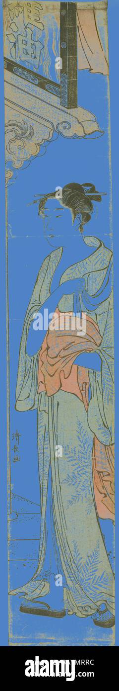 Eine anmutige Figur in traditioneller Kleidung steht unter einer kunstvollen Traufe und hält ein Tuch dicht an ihre Brust. Die komplizierten Muster und fließenden Linien betonen die Eleganz ihrer Kleidung, während der ruhige Ausdruck einen Moment der Besinnung einfängt. Elemente der japanischen Kultur sind elegant in die Szene eingewebt. Woman Walking Under a Store Sign, ca. 1784, Torii Kiyonaga, Japanisch, 1752-1815, Japan, Farbholzdruck, Hashira-e, 71,2 x 11,7 cm Klassische Kunst mit modernem Touch, neu interpretiert von Artotop Stockfoto