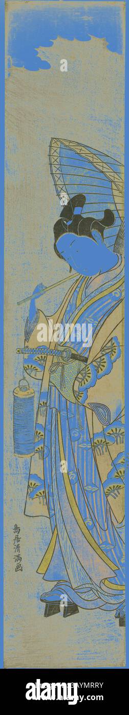 Eine anmutige Figur in traditioneller Kleidung hält eine Laterne anmutig, verziert mit komplizierten Mustern, die Eleganz und kulturelle Kunst widerspiegeln. Die dezenten Farbtöne unterstreichen die ruhige Atmosphäre und fangen einen Moment der ruhigen Besinnung ein. Junger Mann mit Schirm und Laterne, um 1769, Torii Kiyomitsu I, Japanisch, 1735-1785, Japan, Farbholzdruck, Hashira-e, 71,1 x 14,0 cm (28 x 5 1/2 Zoll) Klassische Kunst mit modernem Touch, neu interpretiert von Artotop Stockfoto