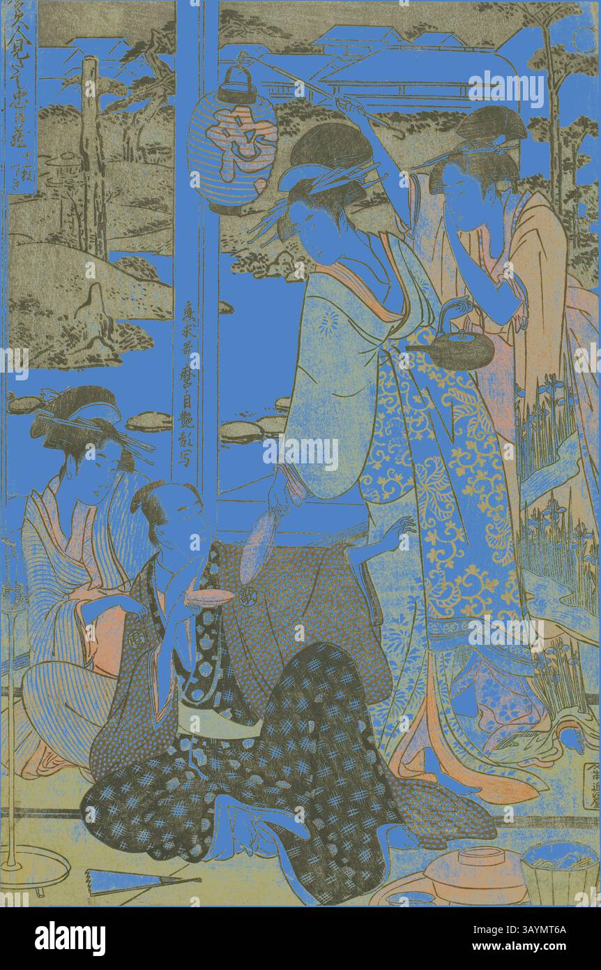 Eine traditionelle Szene mit elegant gekleideten Figuren, die sich in häuslichen Aktivitäten engagieren, umgeben von detaillierten Landschaften und kulturellen Elementen. Die Komposition hebt komplizierte Muster und die Schönheit von Kimonostoffen hervor und fängt einen Moment des Alltags in einer historischen Umgebung ein. Das Chushingura-Drama parodiert von berühmten Schönheiten: Eine Reihe von zwölf Drucken (Komei bijin Mitate Chushingura, junimai tsuzuki), ca. 1794/95, Kitagawa Utamaro 喜多川 歌麿, Japanisch, 1753 (?)-1806, Japan, Farbholzdruck, linkes Blatt des oban-Diptychons Klassische Kunst mit einem modernen Twist, neu interpretiert von Artotop Stockfoto