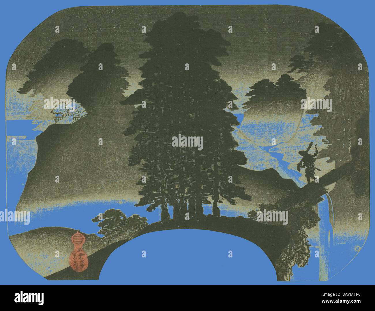 Eine ruhige Landschaft mit hohen Bäumen und einem gewundenen Fluss, mit fernen Bergen und einem kleinen Haus eingebettet in die natürliche Schönheit. Eine Einzelfigur überquert eine Brücke und verleiht der ruhigen Szene ein Gefühl von Skala und Abenteuer. Landschaft (Sansui), Um 1840, Utagawa Sadahide, Japanisch, 1807-1873, Japan, Farbholzdruck, uchiwa-e, 21,9 x 28,8 cm Klassische Kunst mit modernem Touch, neu interpretiert von Artotop Stockfoto