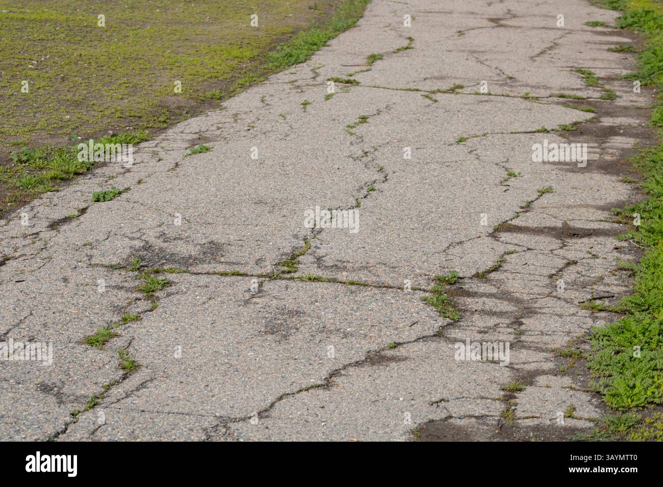 Gebrochene graue Straße mit Rissen Stockfoto