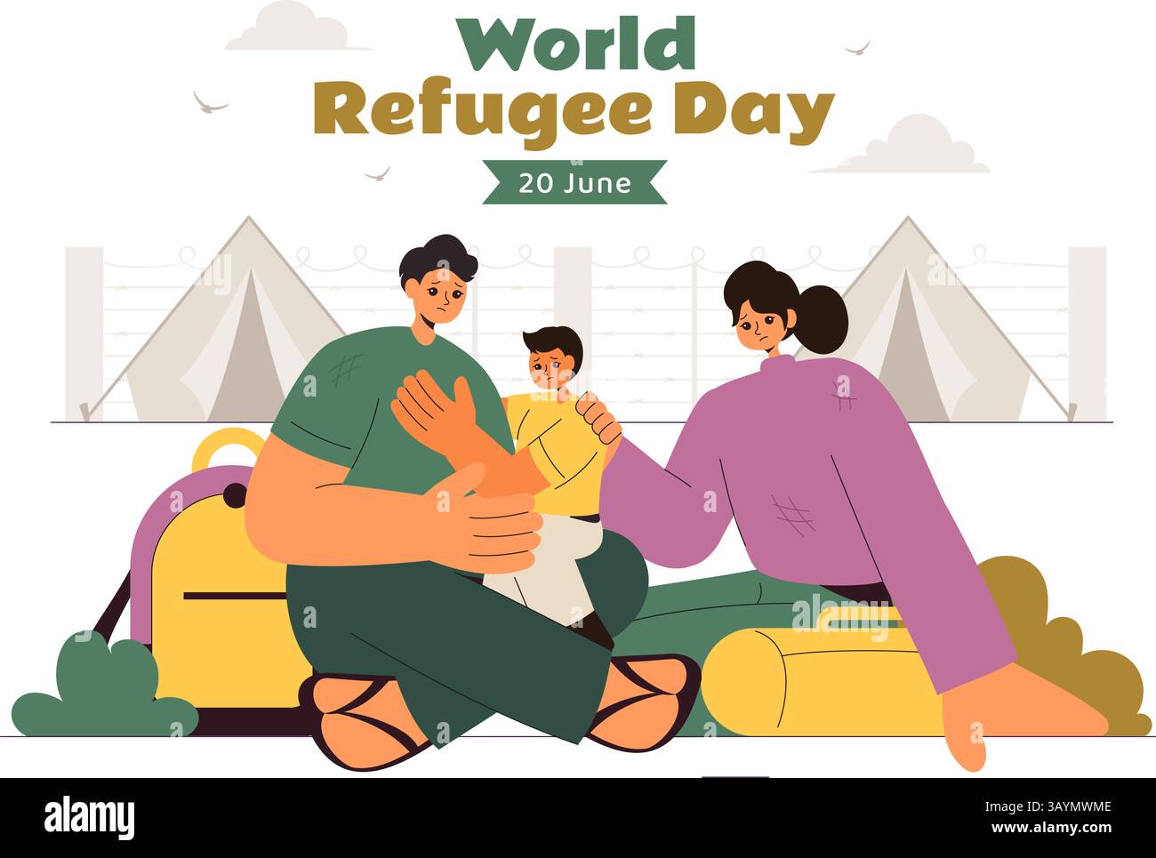 Illustration zum Weltflüchtlingstag: Eine Einwandererfamilie mit ihren Kindern auf der Suche nach einem neuen Zuhause, mit Stacheldrahtzäunen und einer helfenden Hand Stock Vektor