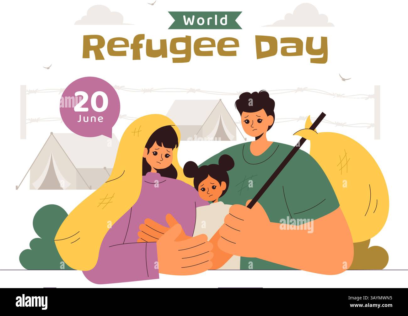 Illustration zum Weltflüchtlingstag: Eine Einwandererfamilie mit ihren Kindern auf der Suche nach einem neuen Zuhause, mit Stacheldrahtzäunen und einer helfenden Hand Stock Vektor