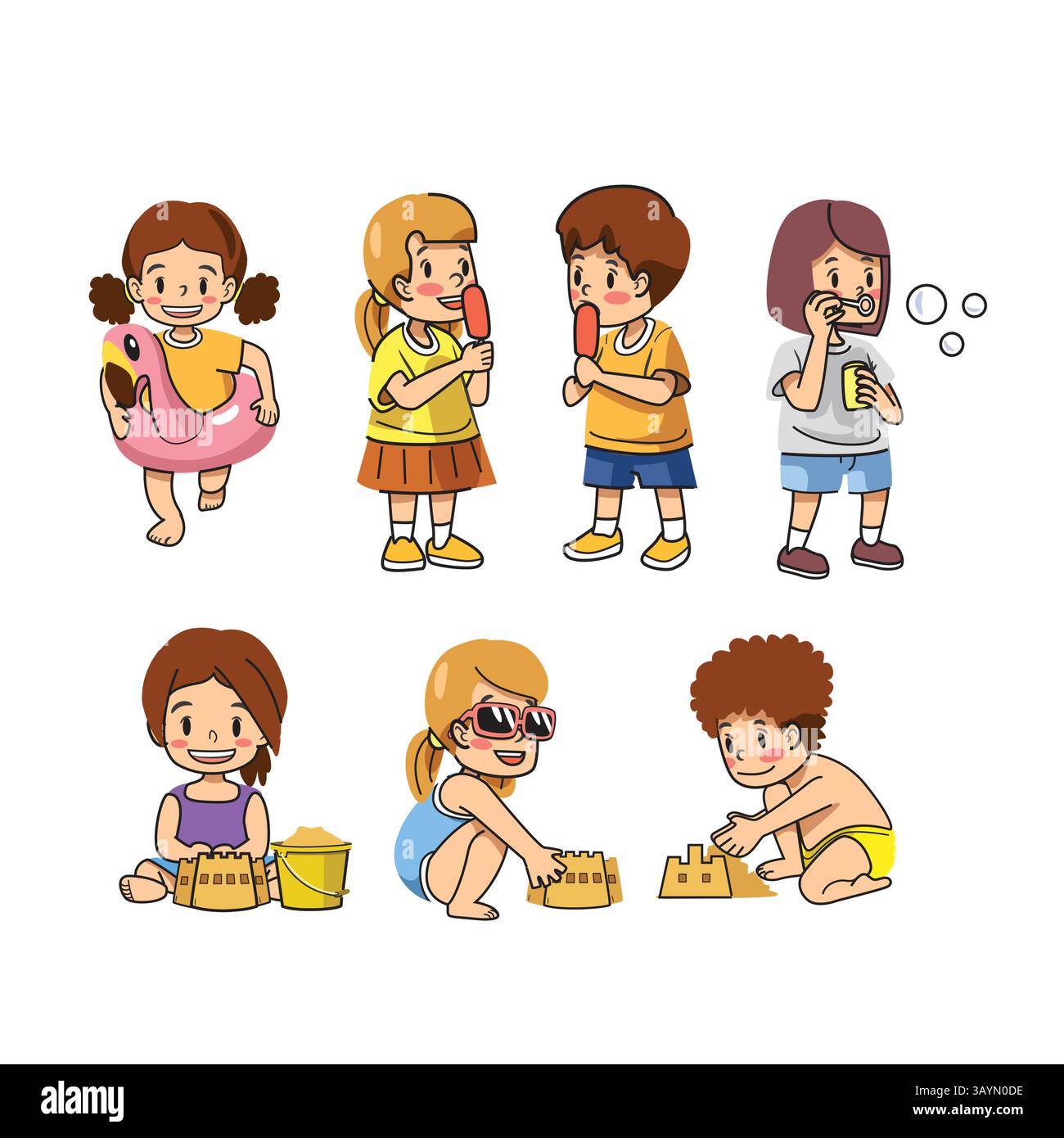 Fröhliche Kinder Sommerferienkonzept. Niedliche Kinder mit anderer Pose. Vektor und Illustration. Stock Vektor