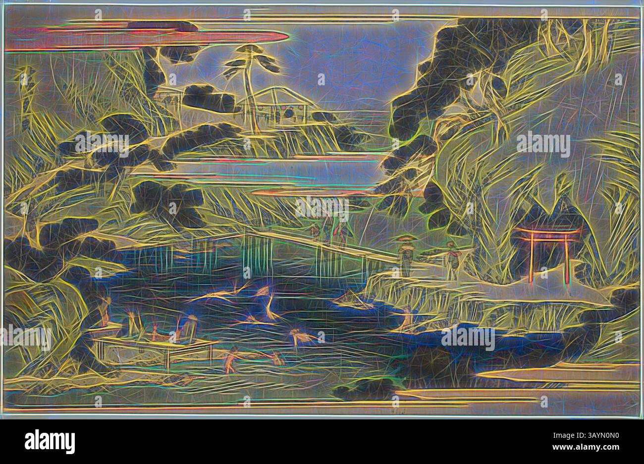 Eine ruhige Landschaft mit einem Fluss, der sich durch üppige Hügel schlängelt, mit einem kleinen Dorf inmitten der Bäume. Silhouettenfiguren treiben friedliche Aktivitäten in der Nähe des Wassers an, während zarte Wolken über ihnen schweben und die ruhige Atmosphäre verstärken. Takinogawa at Oji (Oji Takinogawa), aus der Serie Famous Places in the Eastern Capital (Toto meisho), ca. 1839/42, Utagawa Hiroshige 歌川 広重, Japanisch, 1797-1858, Japan, Farbholzdruck, oban, 21,3 x 33,1 cm (8 3/8 x 13 Zoll) Klassische Kunst mit modernem Touch, neu interpretiert von Artotop Stockfoto